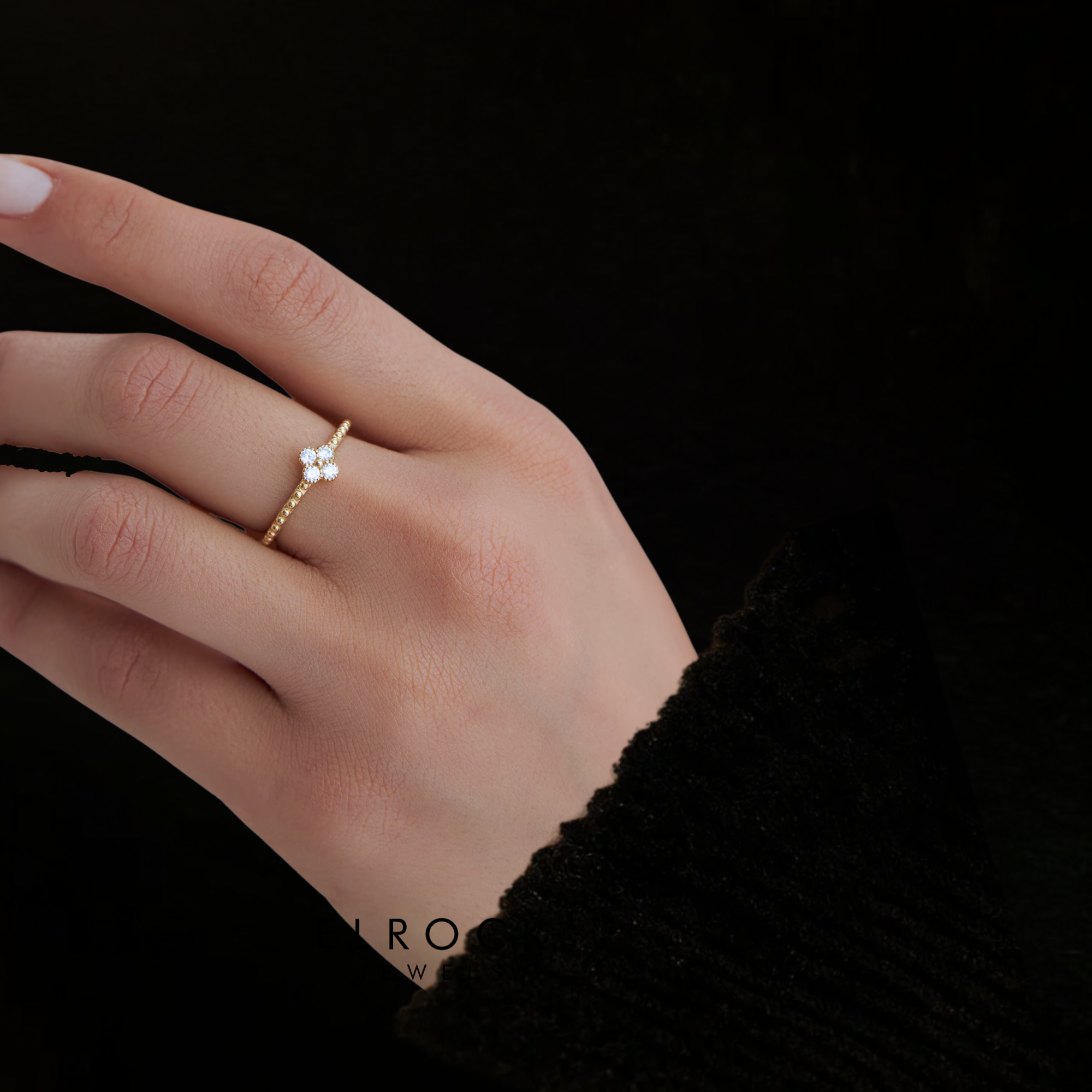14k Gold Diamond Clover Ring, Minimalist Simple Stacking Ring / Petite Dainty Diamond Ring