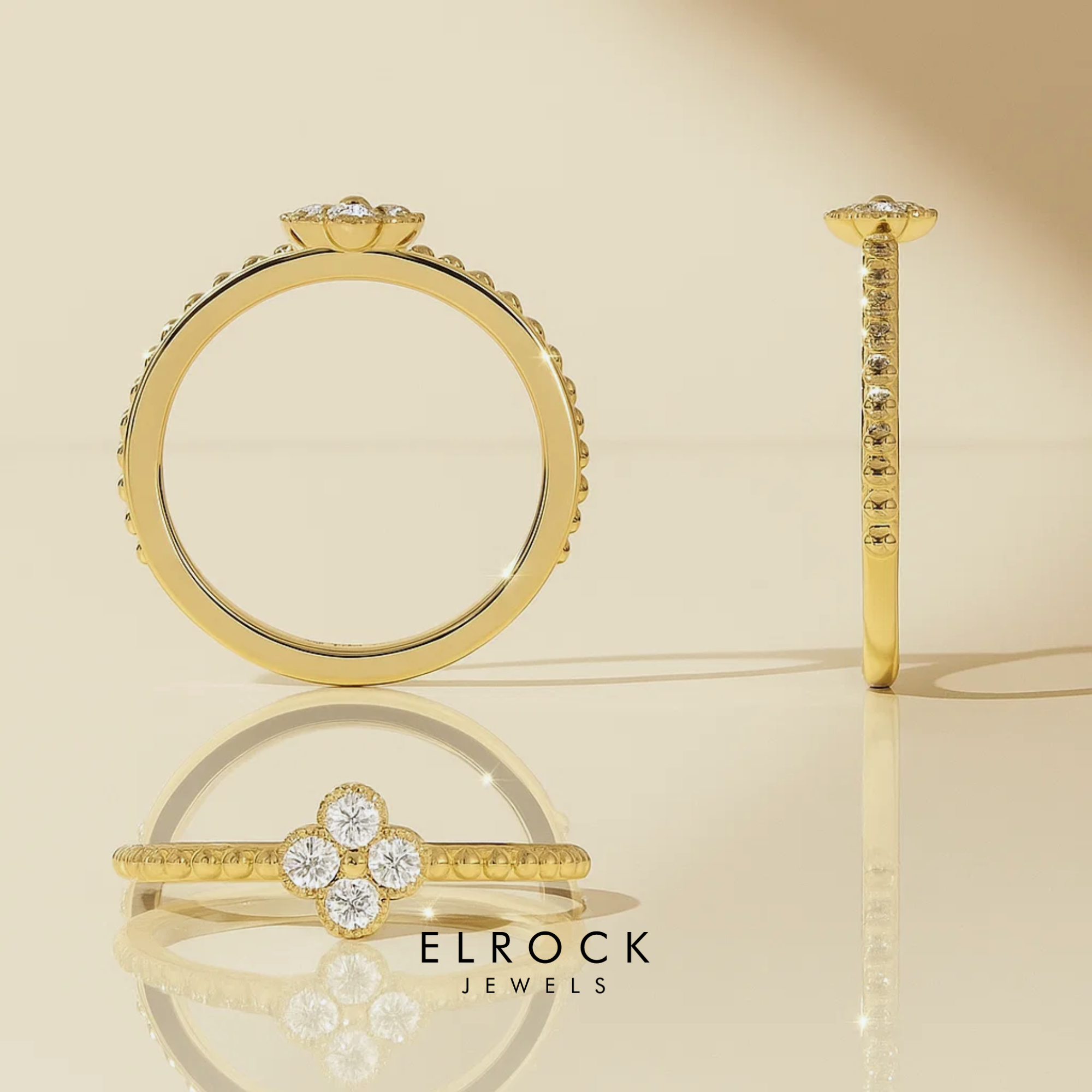 14k Gold Diamond Clover Ring, Minimalist Simple Stacking Ring / Petite Dainty Diamond Ring