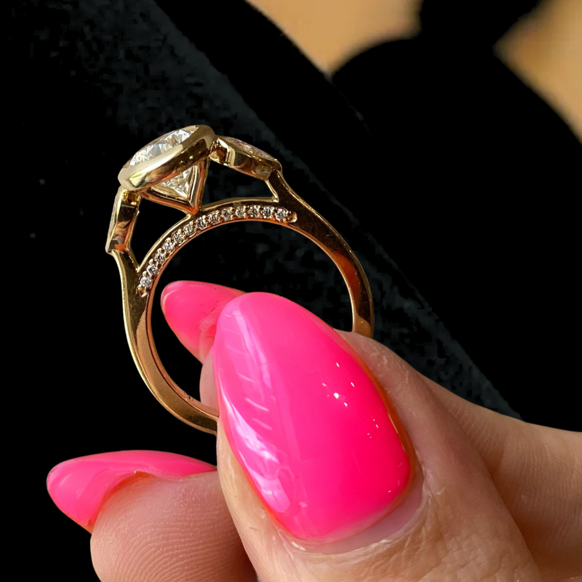 14K Gold 2 Carat Pear Cut Bezel Set Three Stone Ring