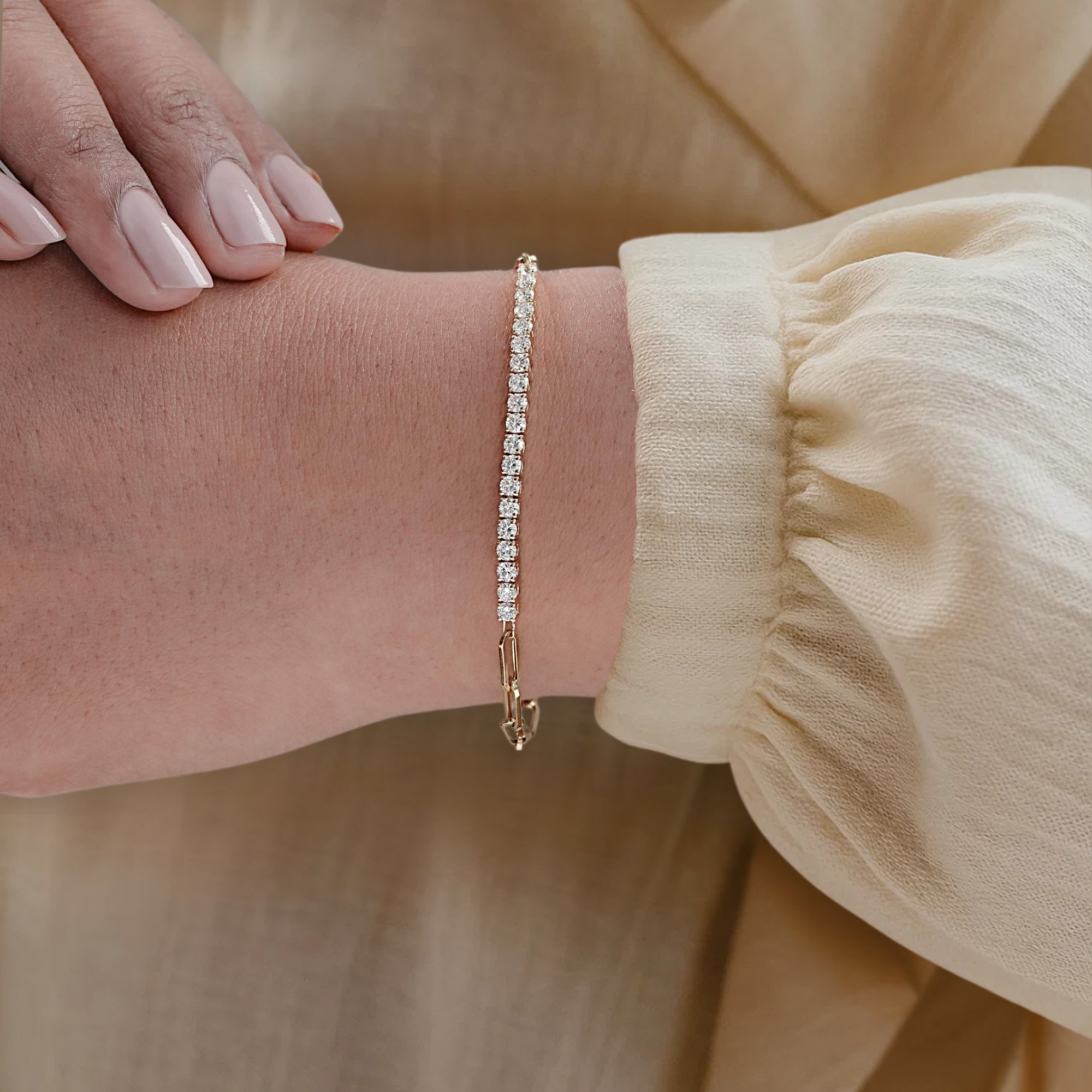 14K Gold Round Diamond Half Tennis Half Paperclip Bracelet
