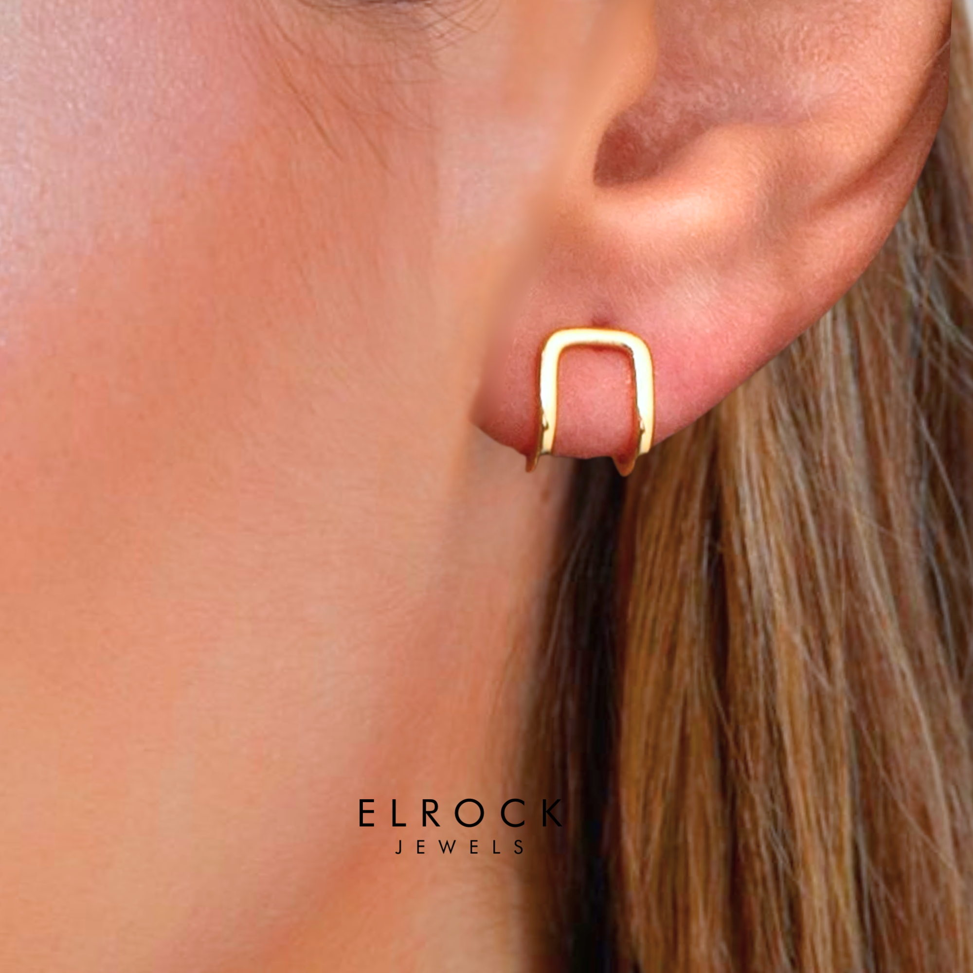 14K Gold Huggie Square Jacket Earrings