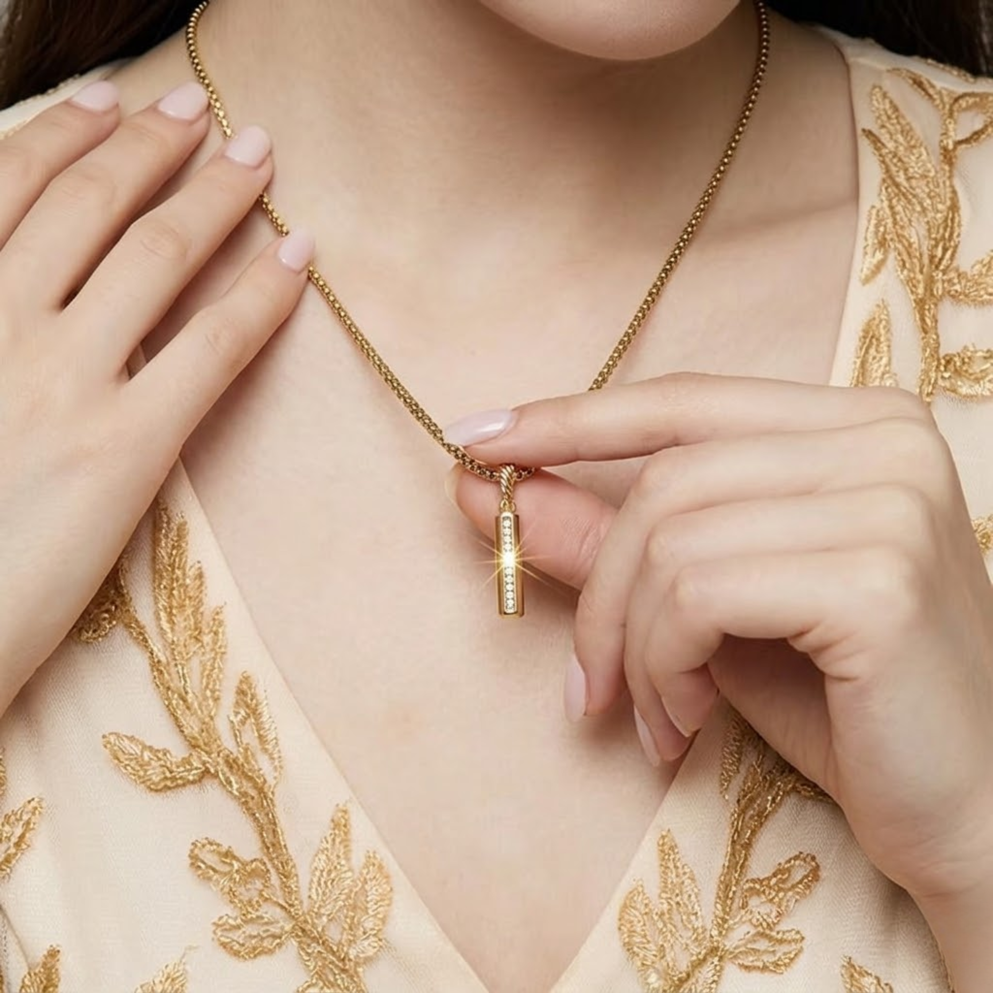 14K Gold Diamond Vertical Bar Necklace Round Lab Diamond Bar Pendant