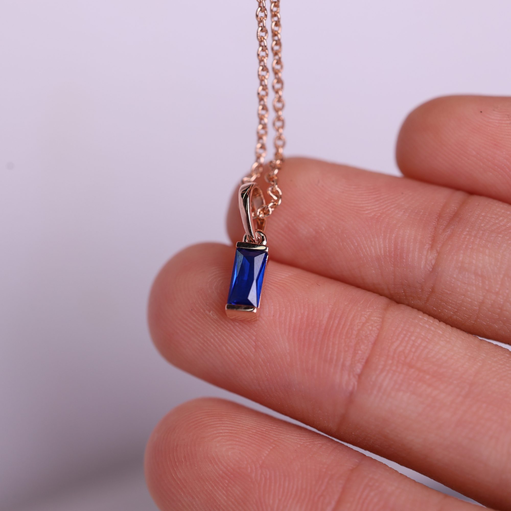 14K Blue Sapphire Pendant Solid Gold Baguette Sapphire Necklace