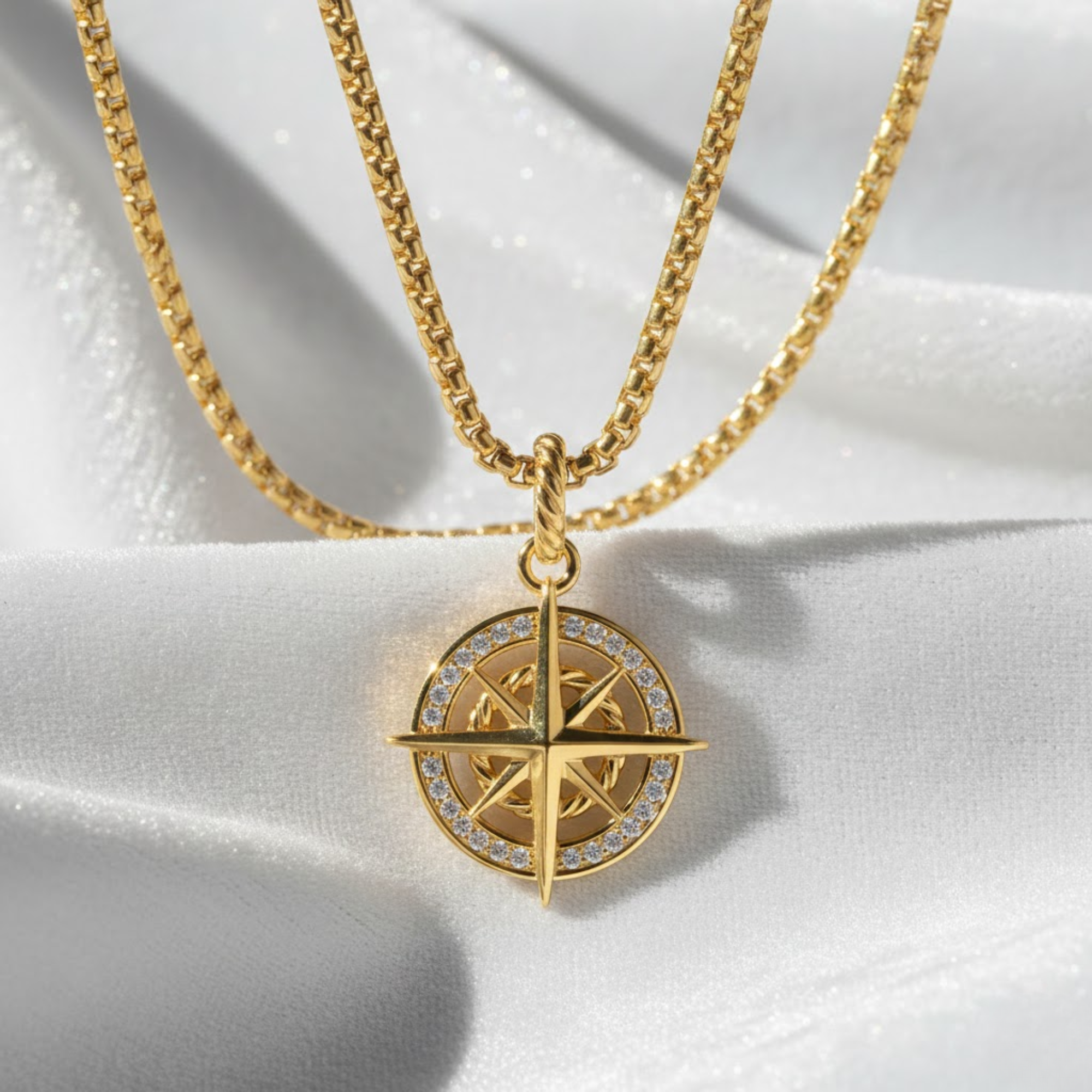 14K Solid Gold Nautical Directional Compass Necklace