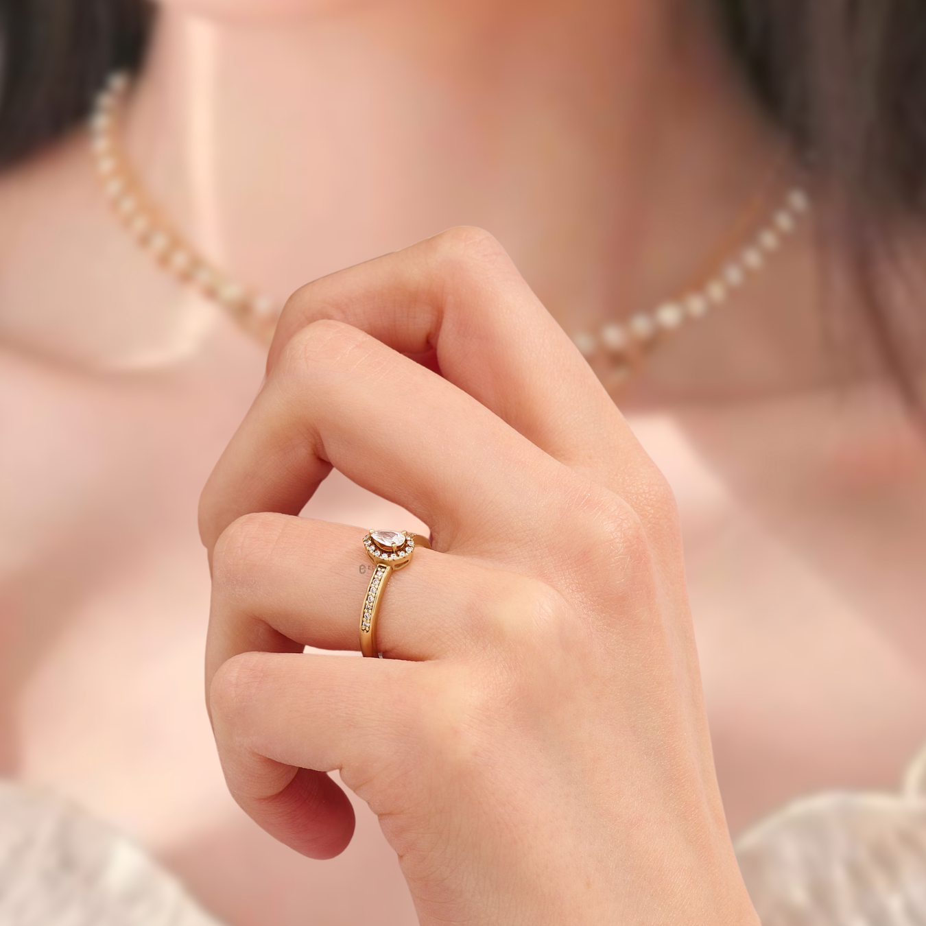 14K Solid Gold Diamond Unique Pear Halo Accent Solitaire Engagement Ring