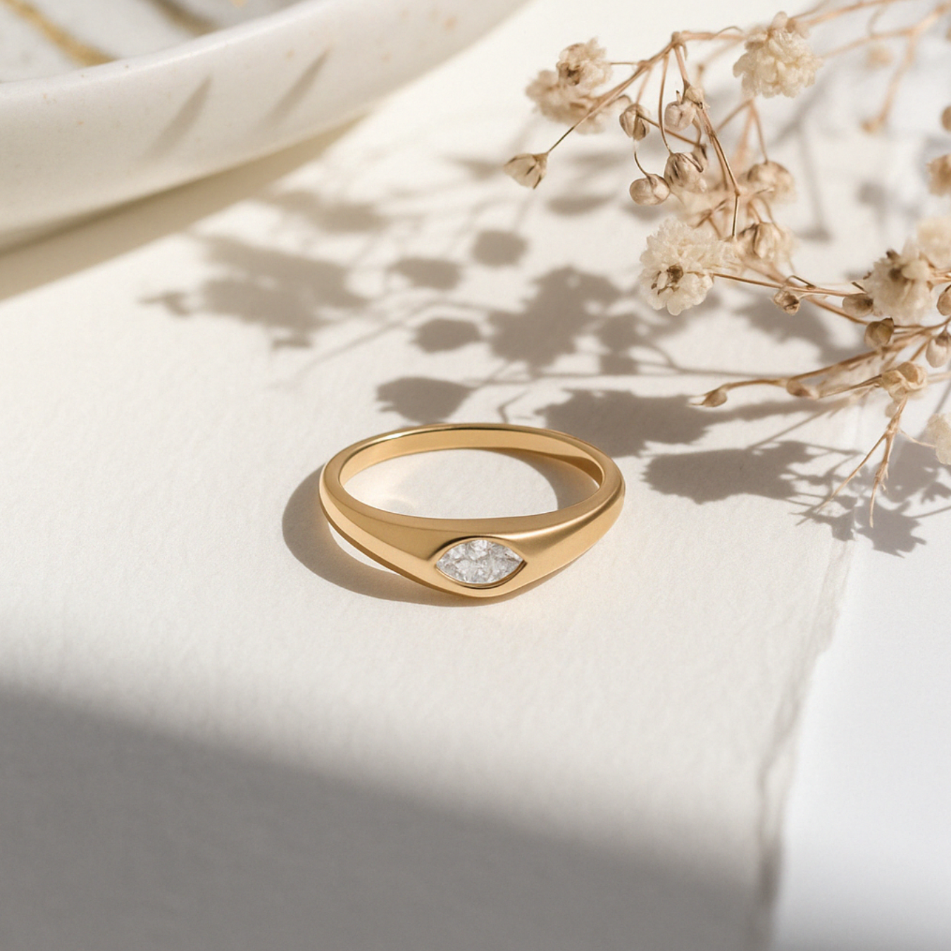 14K Marquise Signet Ring, Solid Gold Bezel Lab Diamond Ring