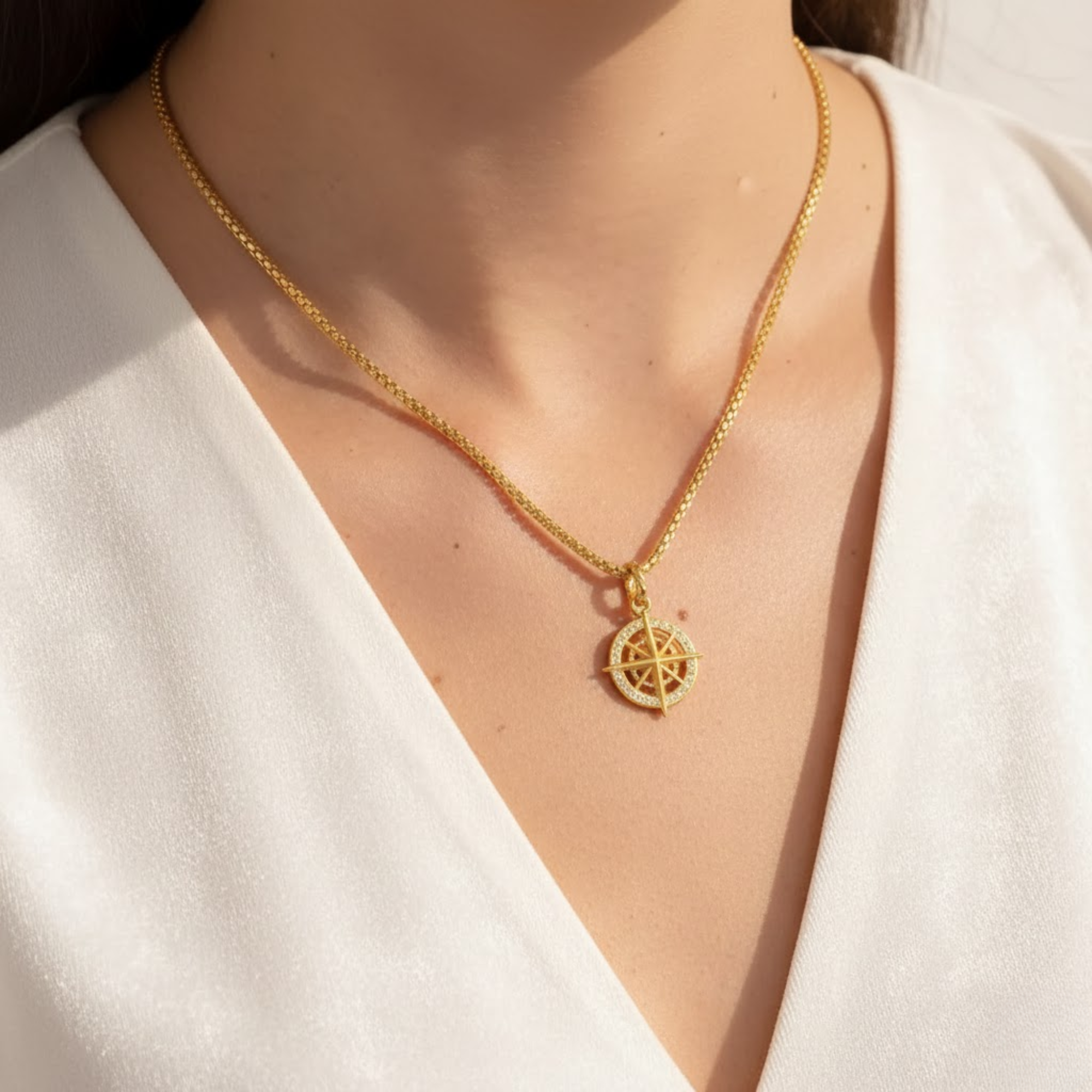14K Solid Gold Nautical Directional Compass Necklace