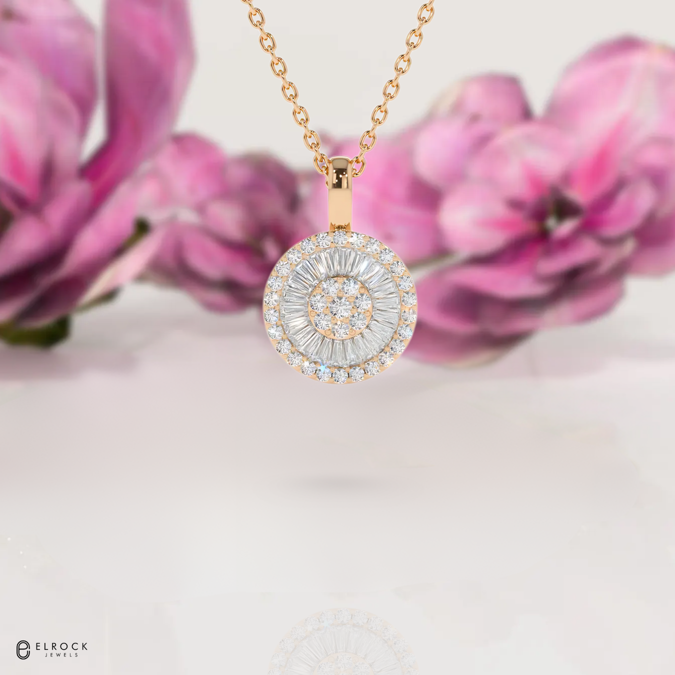 14K Gold Baguette Diamond Disc Cluster Necklace / Baguette Diamond Necklace