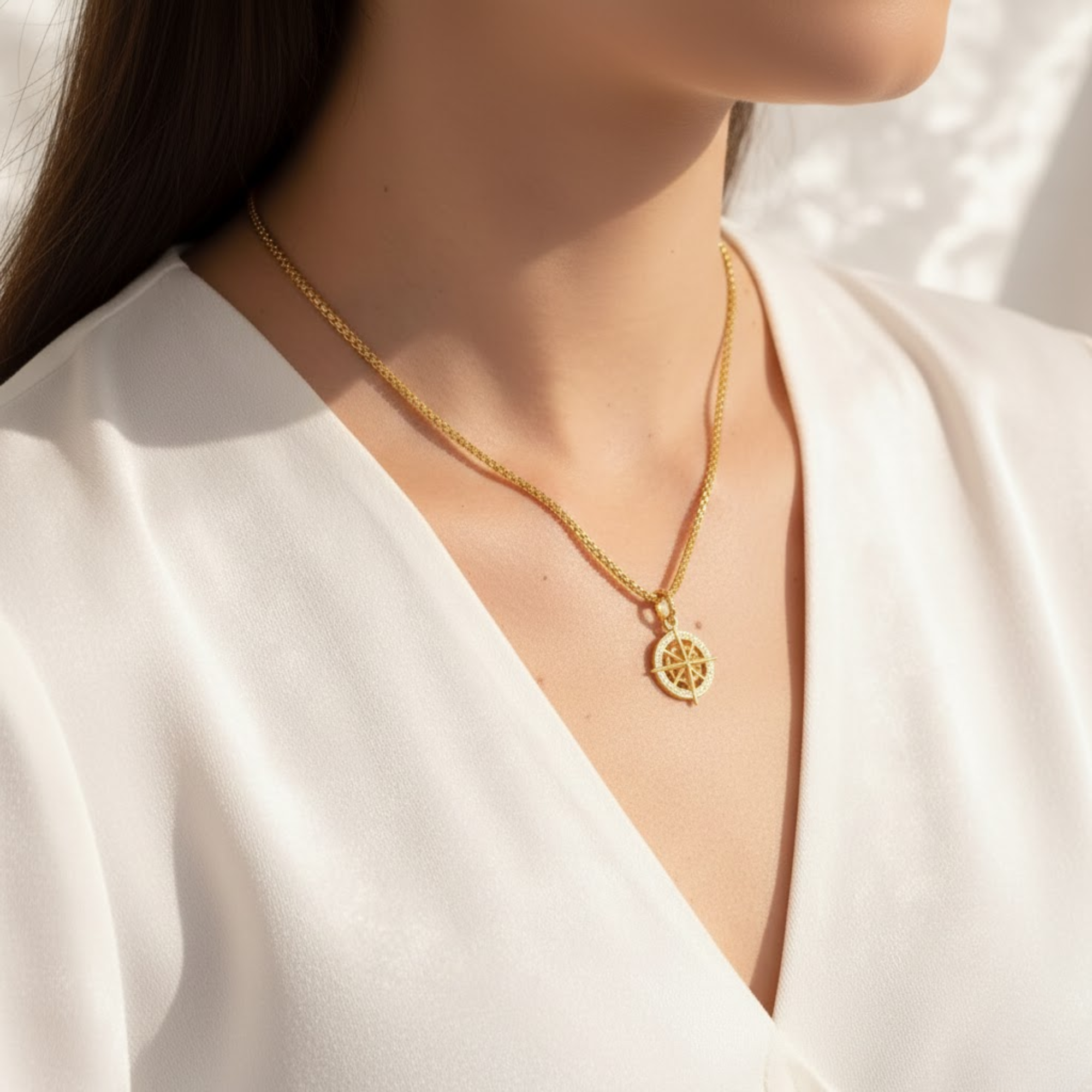 14K Solid Gold Nautical Directional Compass Necklace