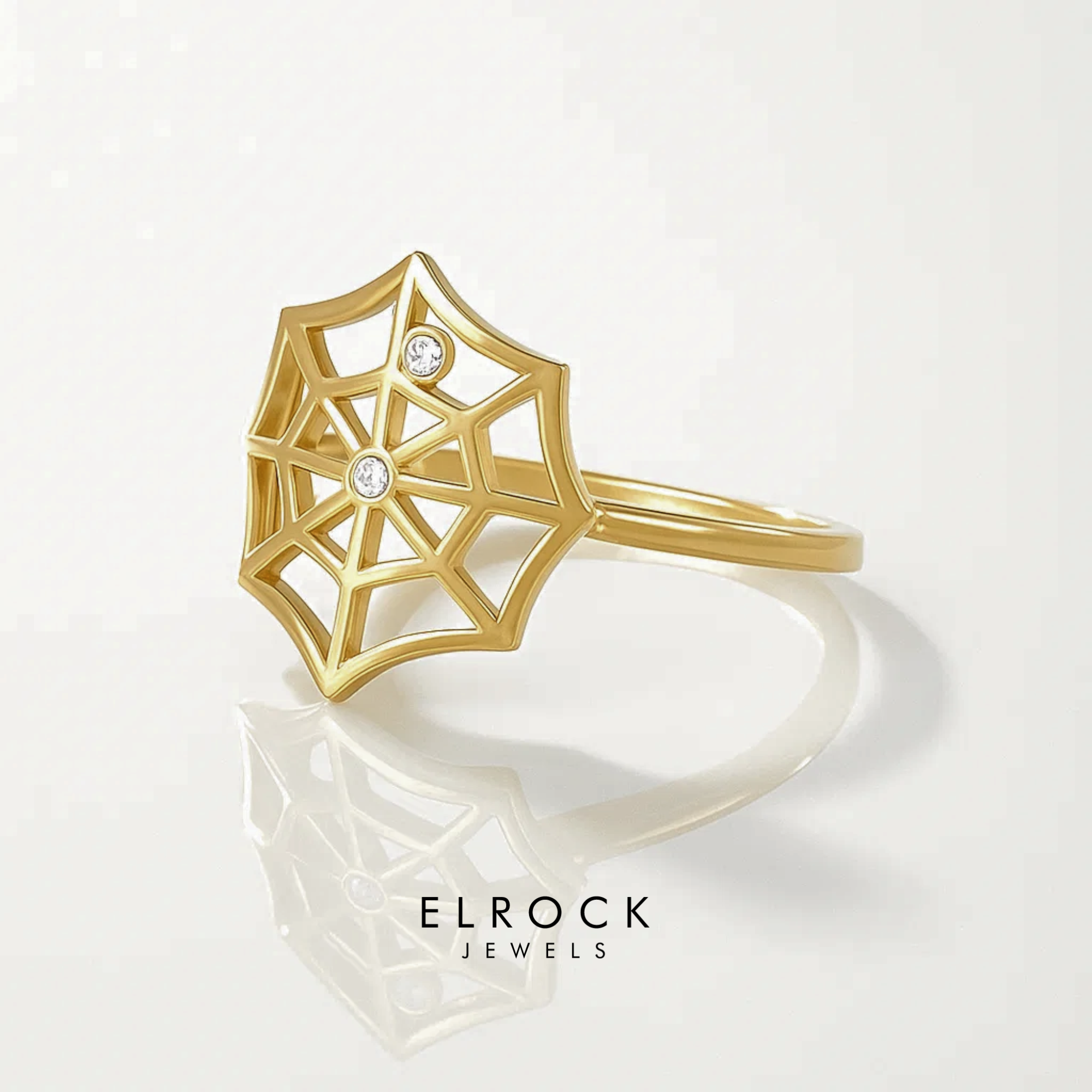 14K Diamond Spider Web Ring, Womens Solid Gold Unique Statement Ring in Yellow Rose White