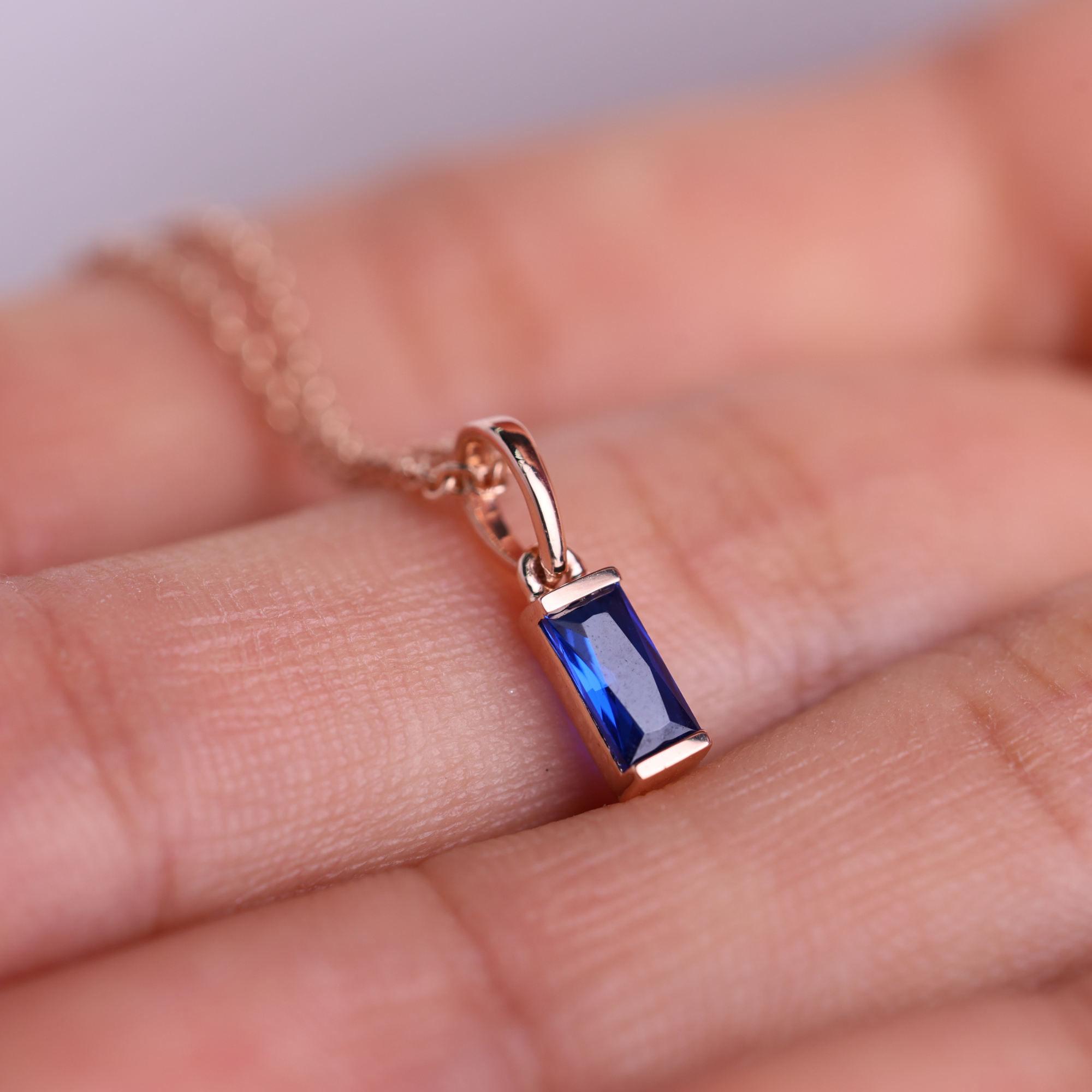 14K Blue Sapphire Pendant Solid Gold Baguette Sapphire Necklace