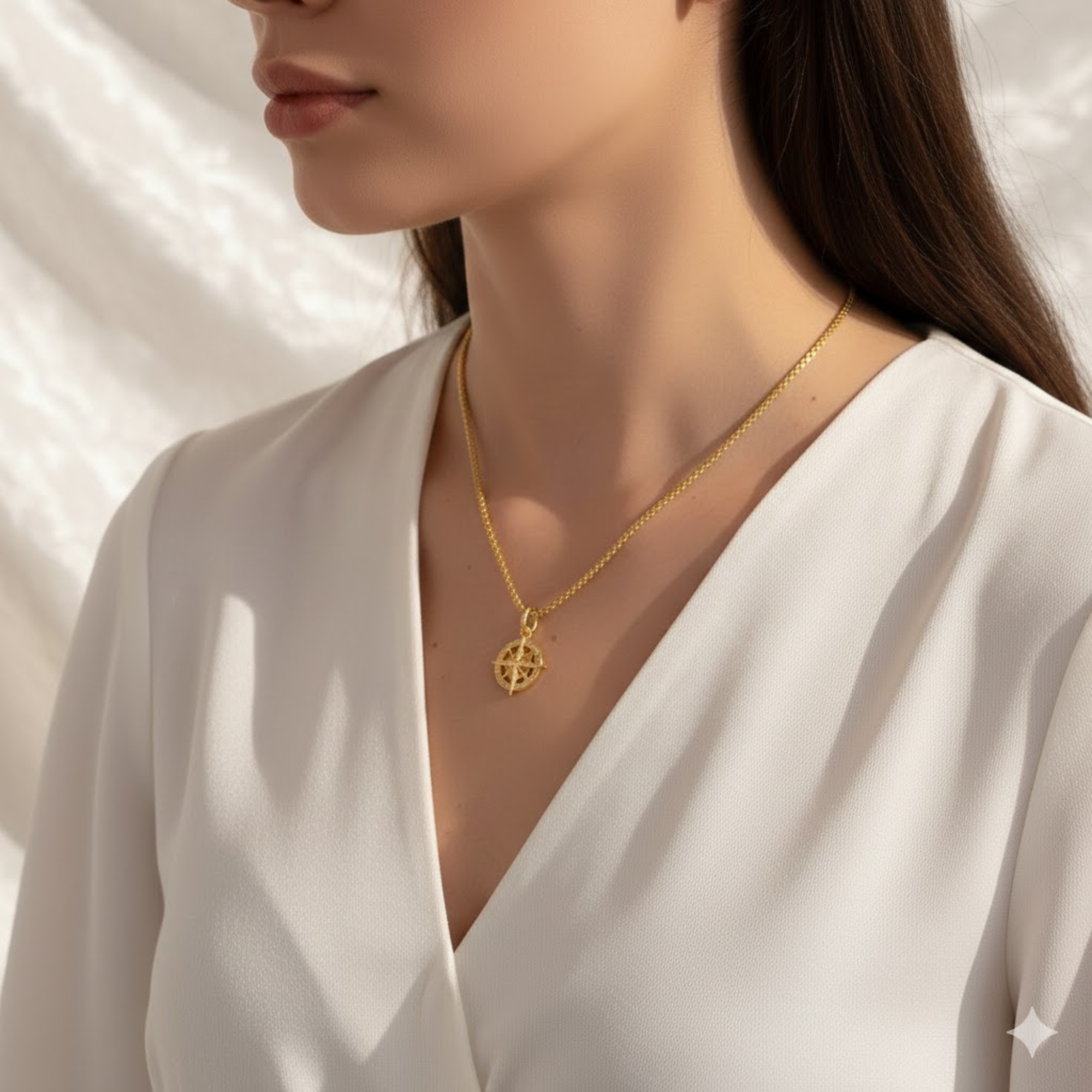 14K Solid Gold Nautical Directional Compass Necklace