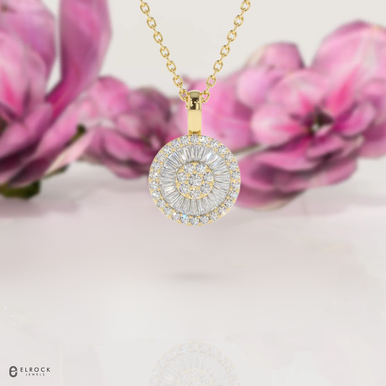 14K Gold Baguette Diamond Disc Cluster Necklace / Baguette Diamond Necklace