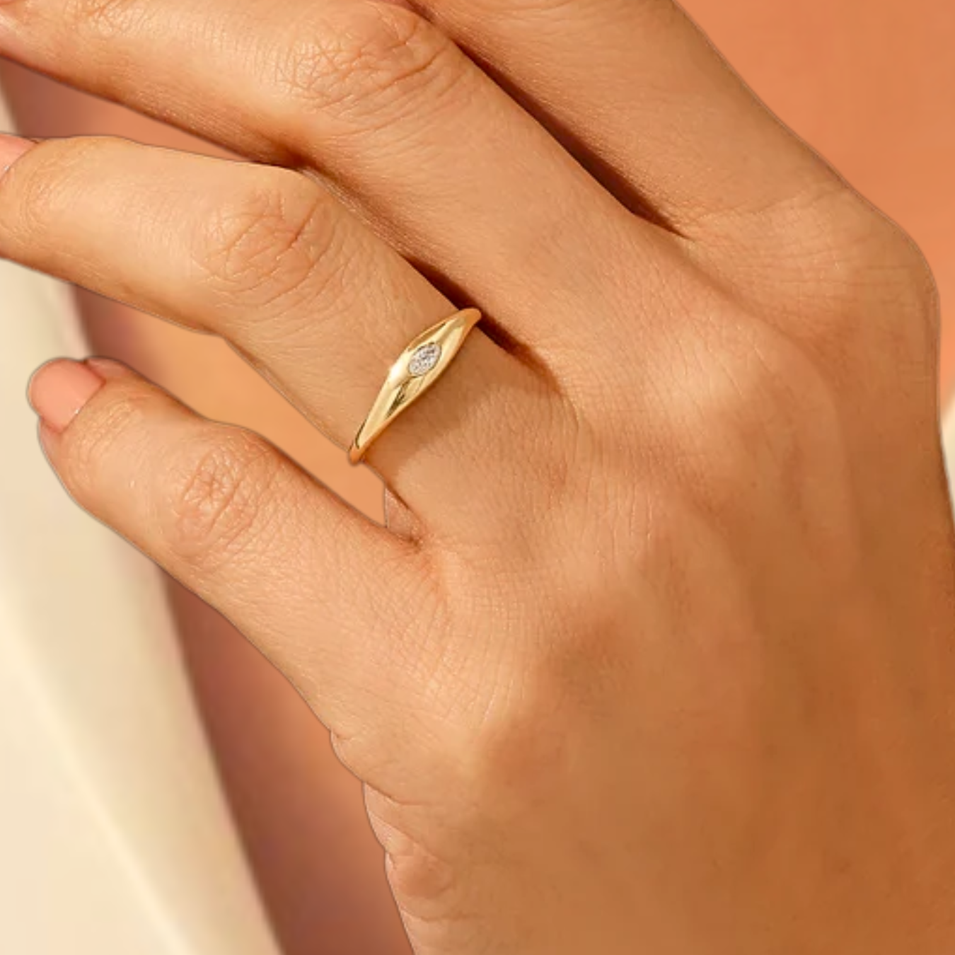 14K Marquise Signet Ring, Solid Gold Bezel Lab Diamond Ring