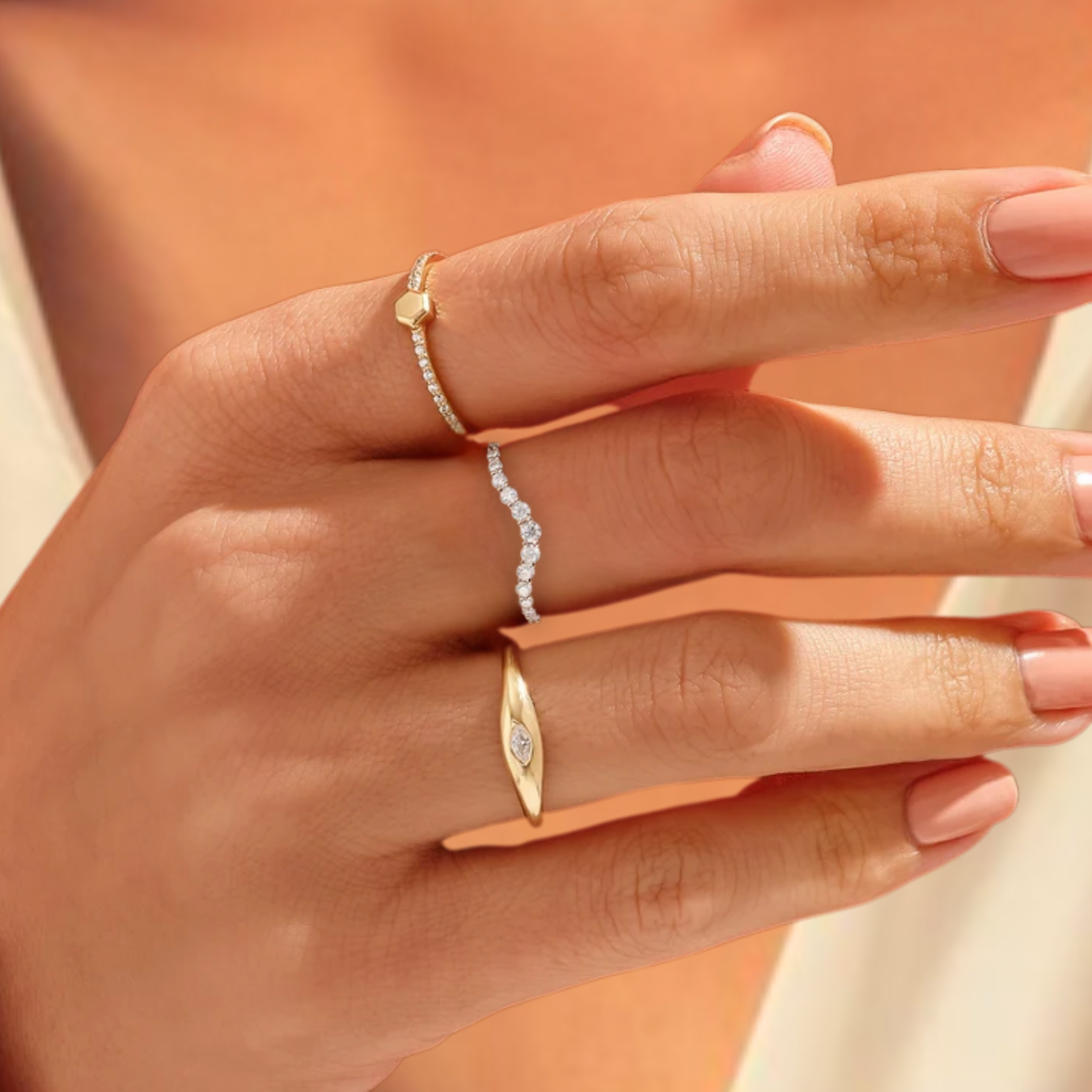 14K Marquise Signet Ring, Solid Gold Bezel Lab Diamond Ring