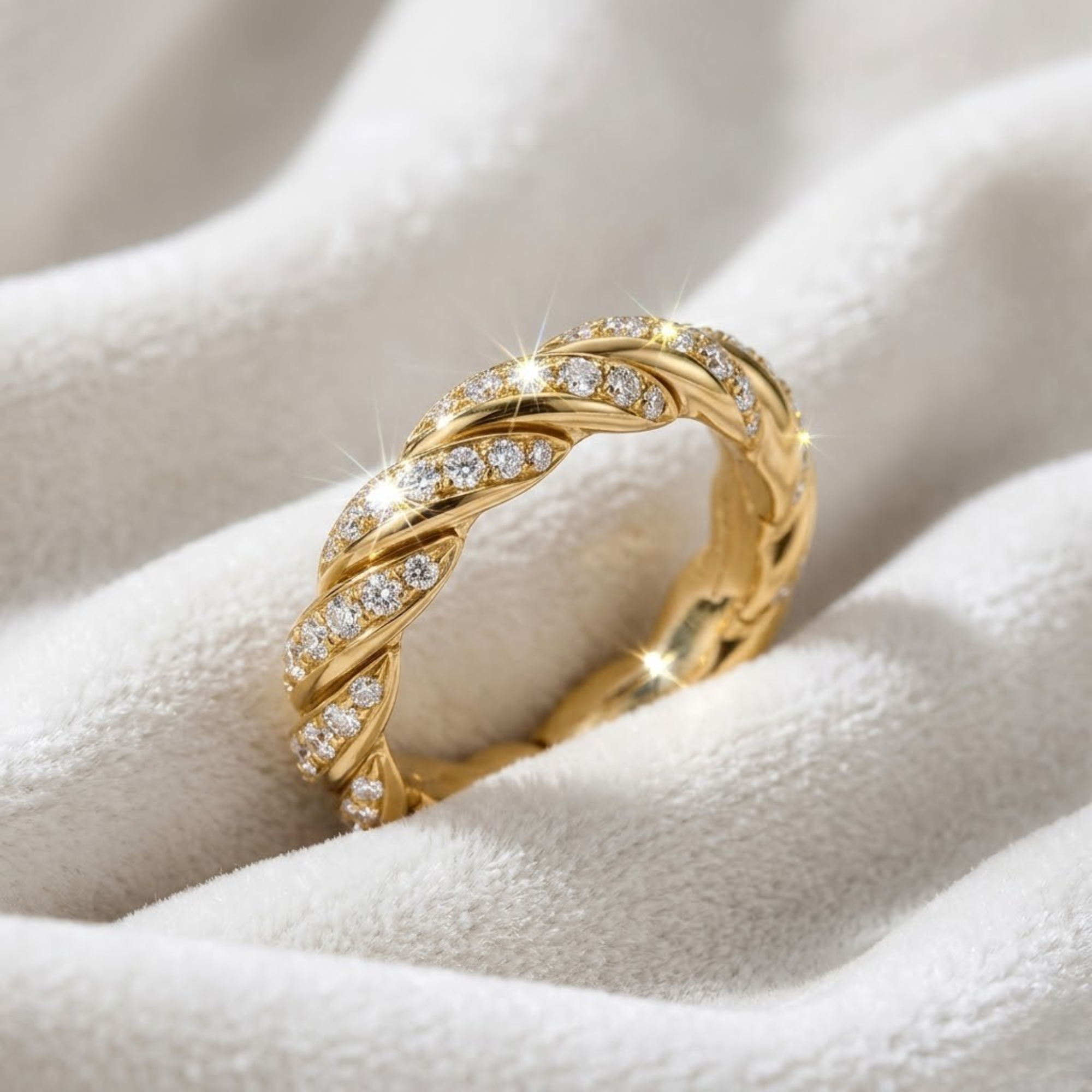 14K Solid Gold Round Diamond Paved Twisted Eternity Ring