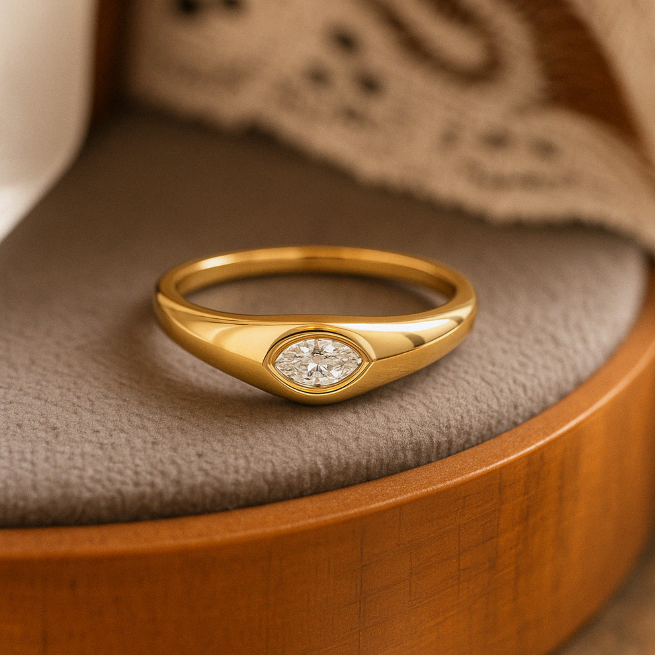 14K Marquise Signet Ring, Solid Gold Bezel Lab Diamond Ring