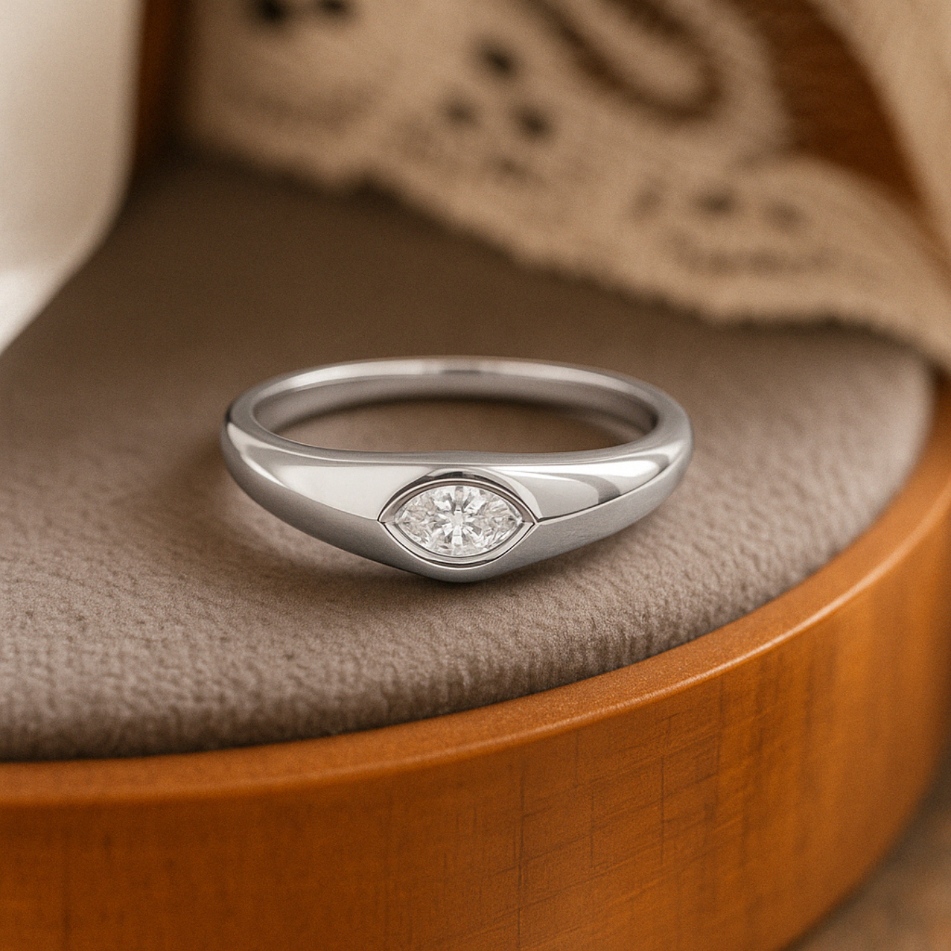 14K Marquise Signet Ring, Solid Gold Bezel Lab Diamond Ring