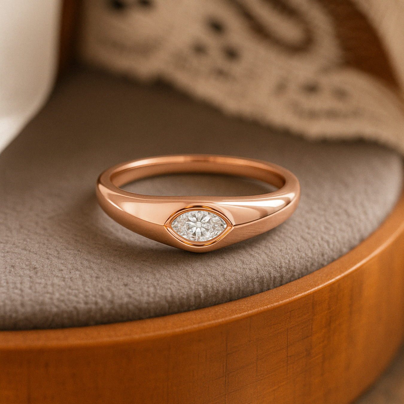 14K Marquise Signet Ring, Solid Gold Bezel Lab Diamond Ring
