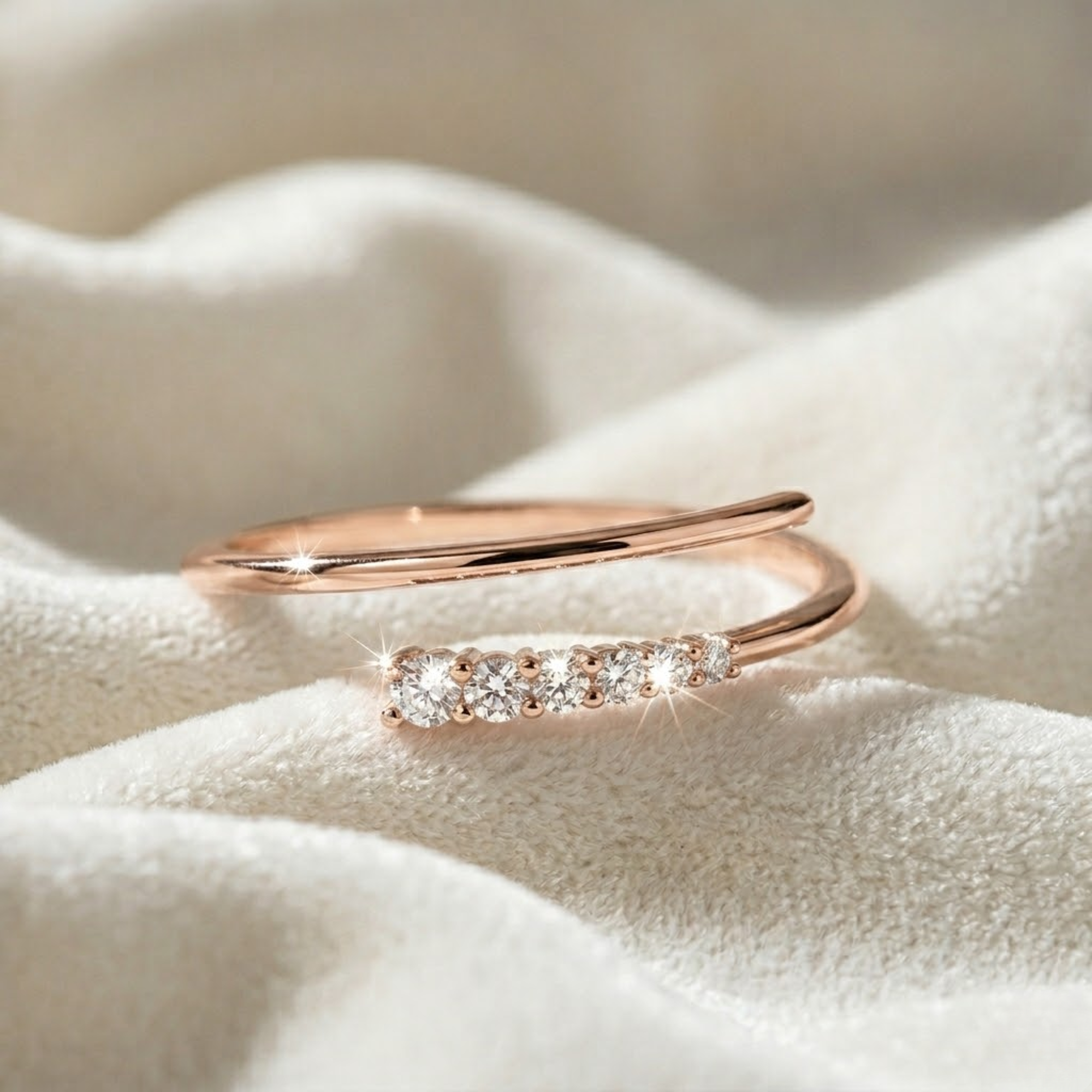 14K Solid Gold Spiral Open Ring, Lab Diamond Wrap Around Ring