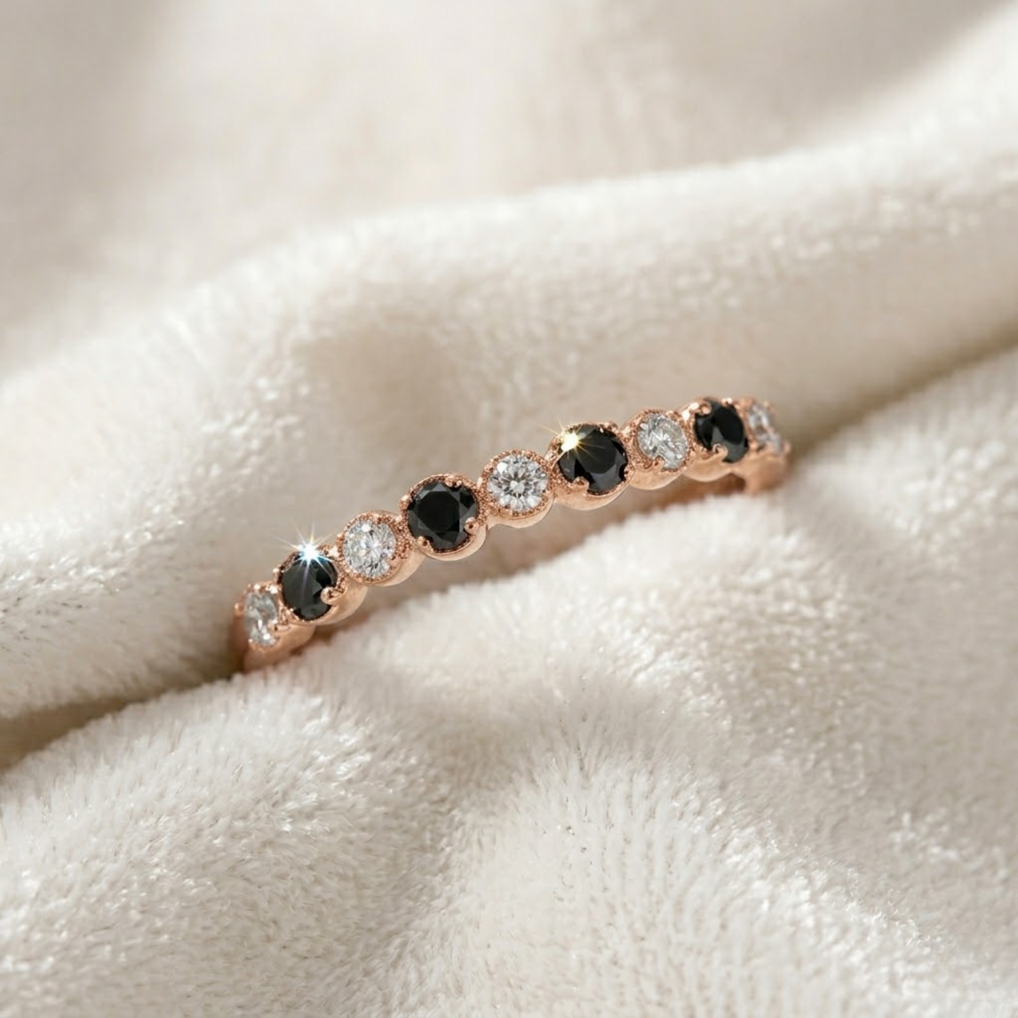 14K Gold Unique Gift Black Onyx and Colorless Lab Grown Diamond Half Eternity Band