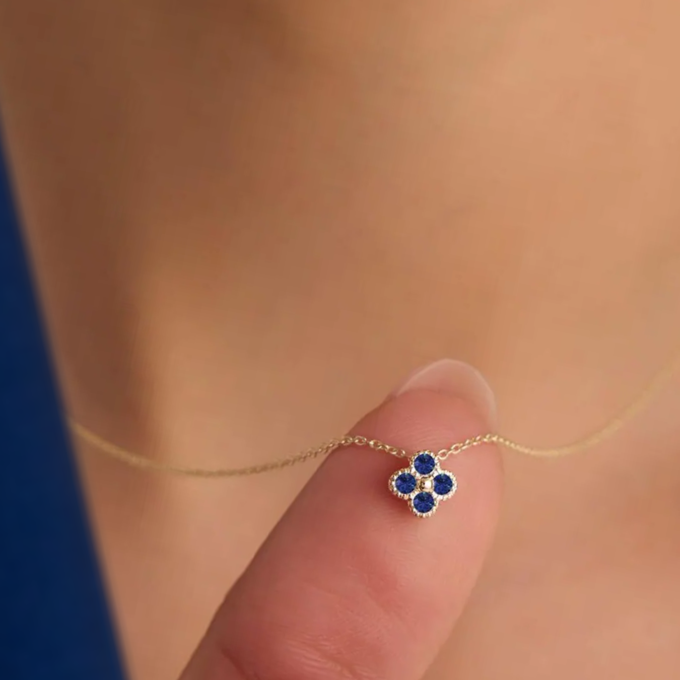 14K Solid Gold 0.18 ctw Sapphire Flower Pendant Dainty Luxury Floral Necklace