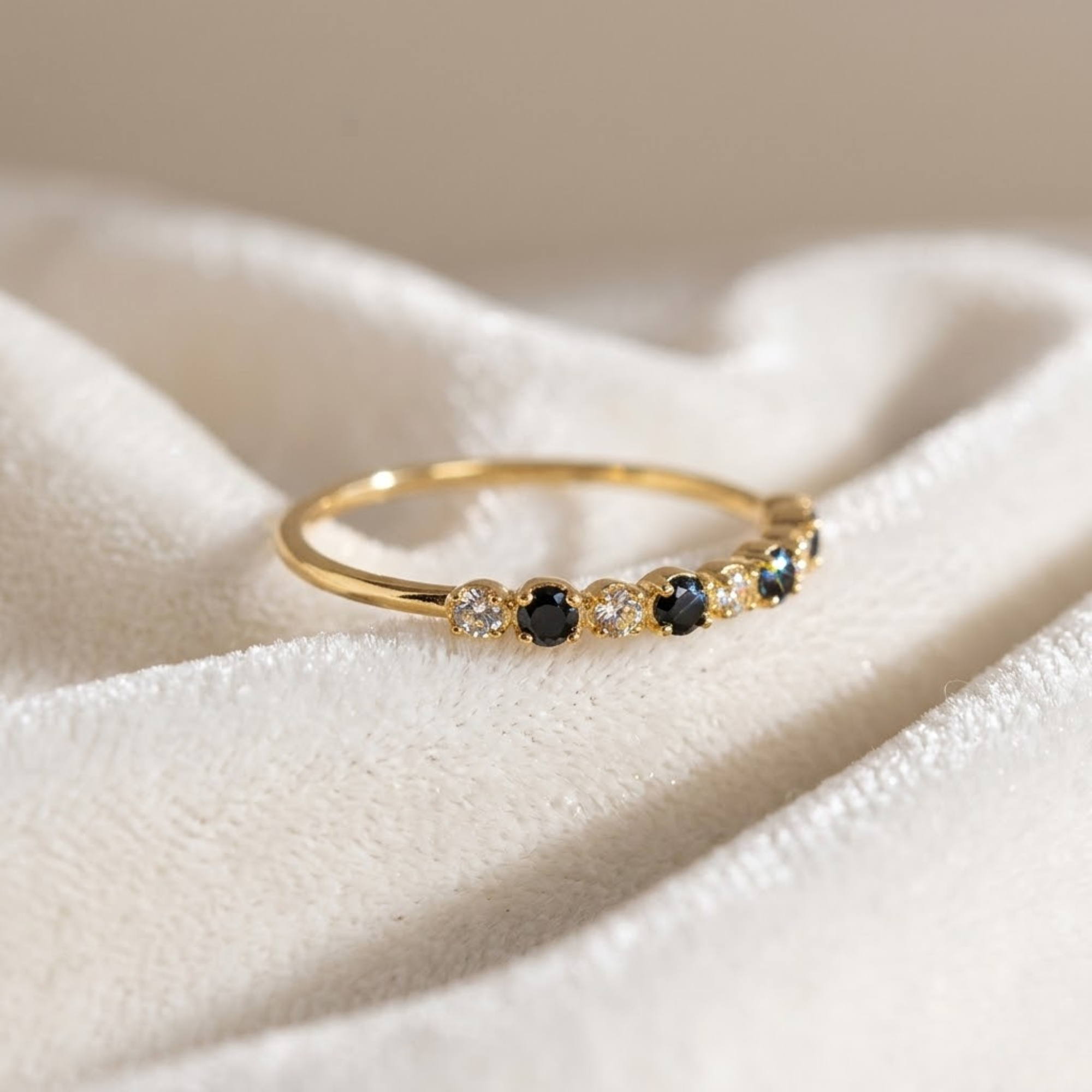 14K Gold Unique Gift Black Onyx and Colorless Lab Grown Diamond Half Eternity Band