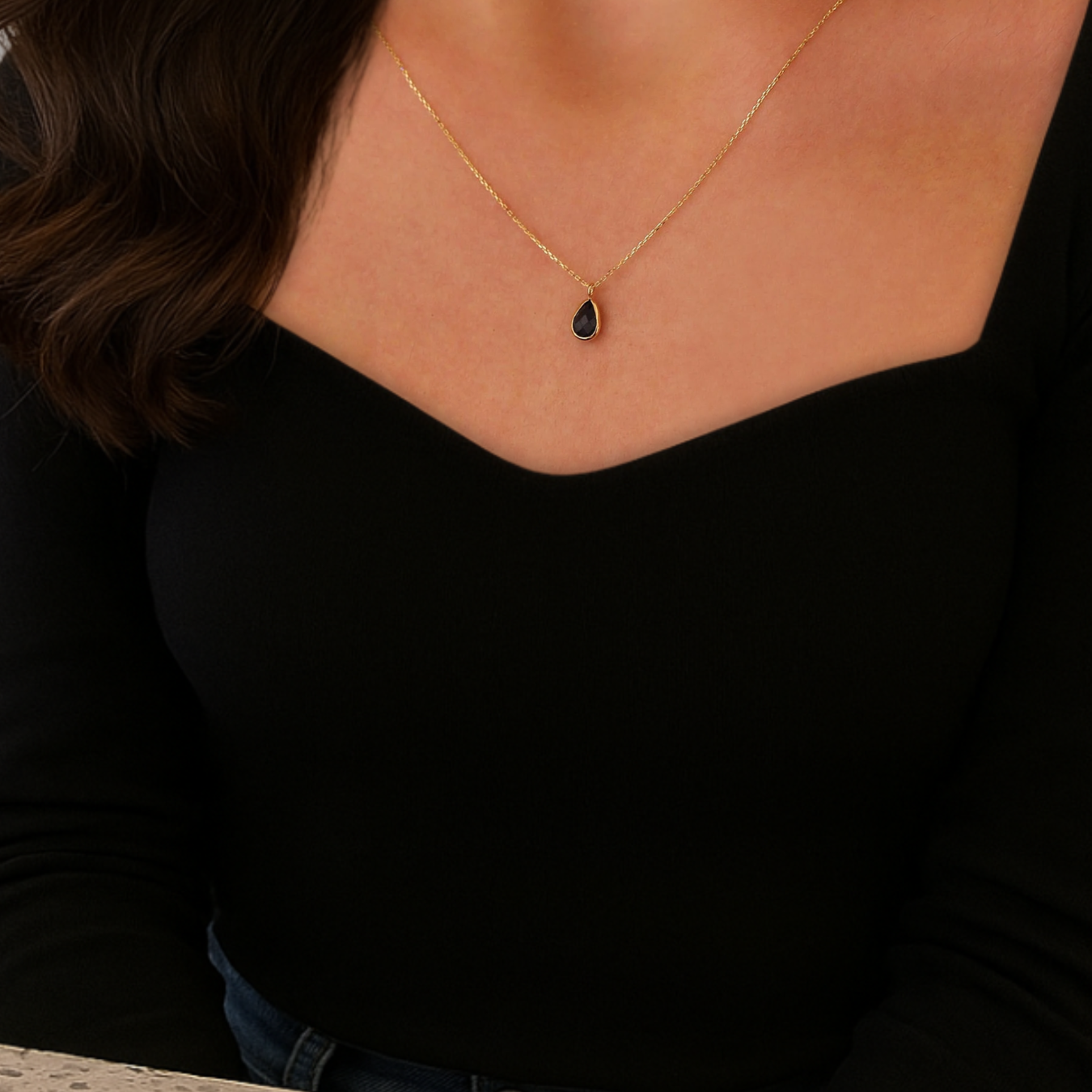 14K Solid Gold Dainty Initial Onyx Drop Pendant 2 CT Black Gemstone Pendant