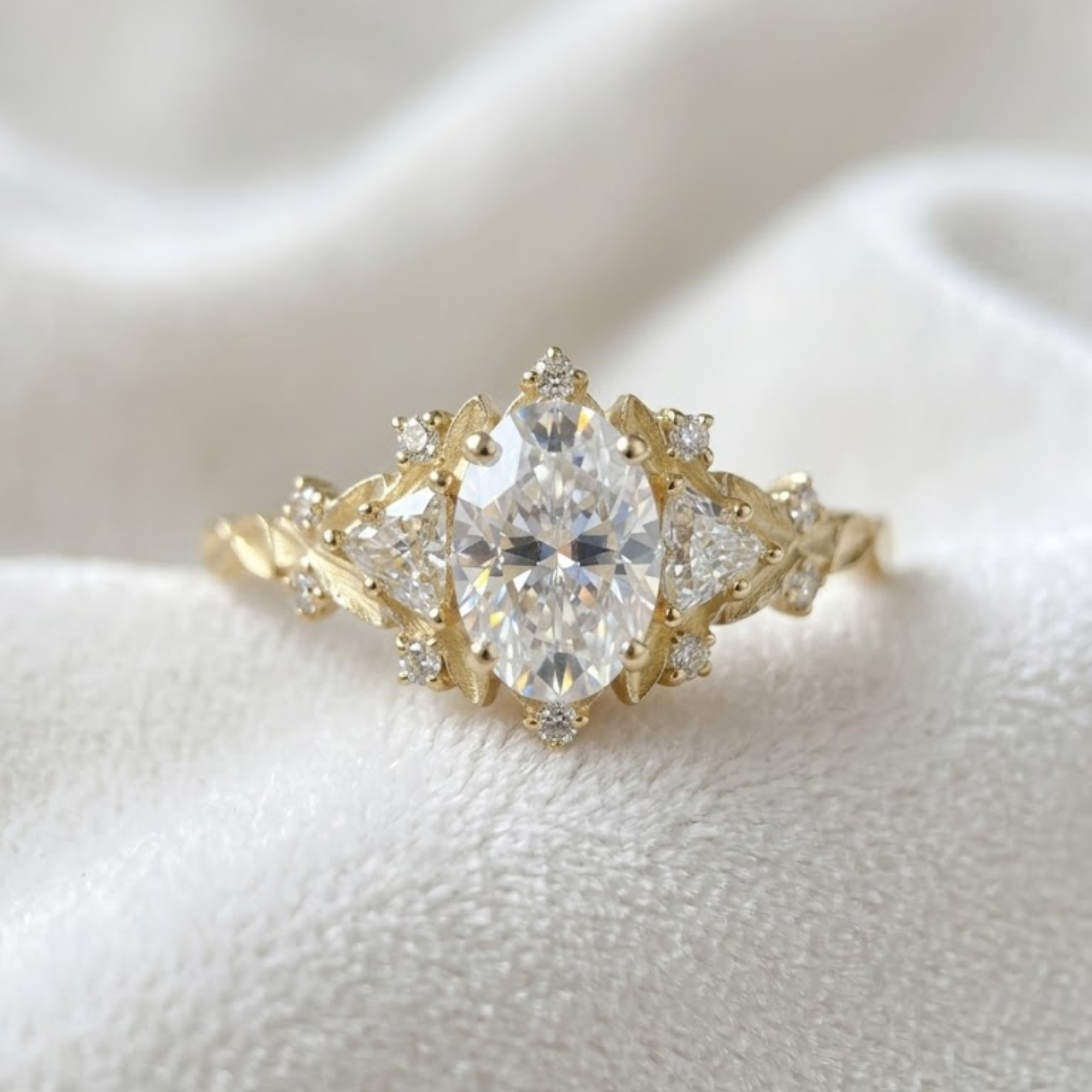 A yellow gold ring featuring a marquise-cut clear center stone with smaller round and marquise side stones, displayed on a soft white fabric surface.