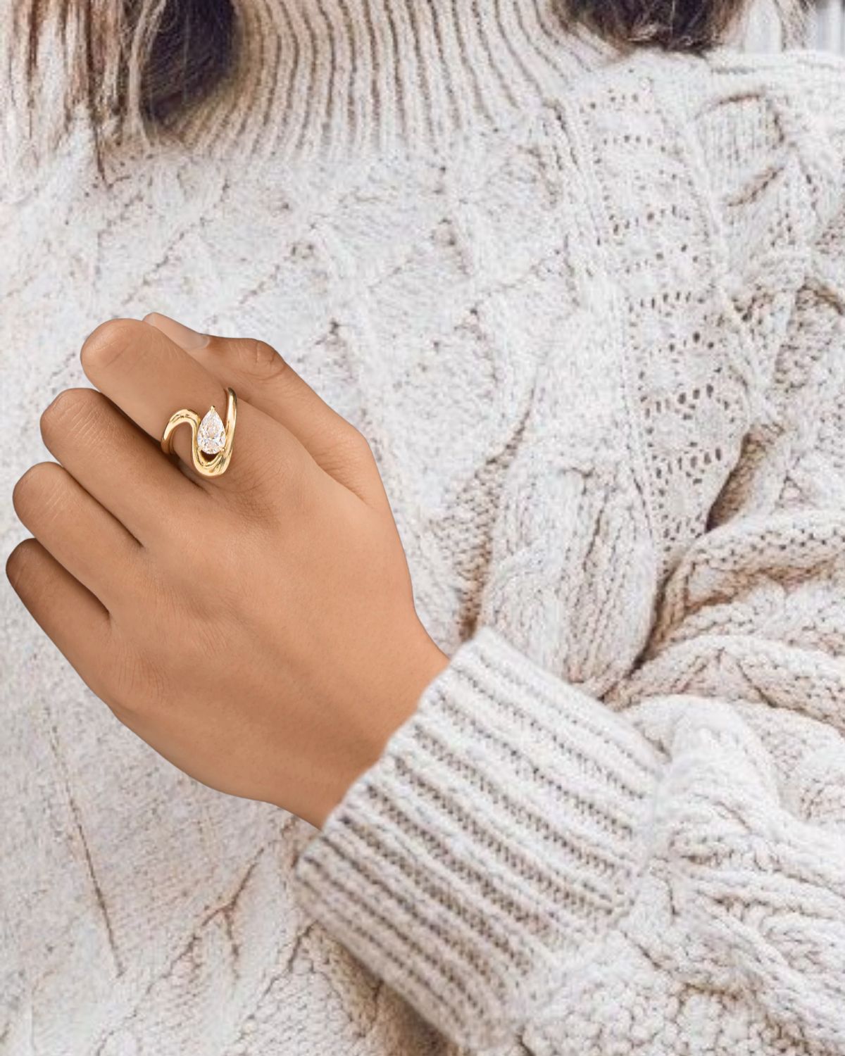 14K Gold Pear Cut Lab Grown Diamond Curved Proposal Ring