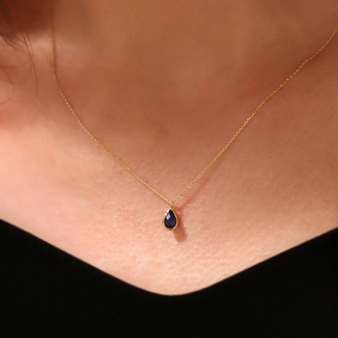 14K Solid Gold Dainty Initial Onyx Drop Pendant 2 CT Black Gemstone Pendant