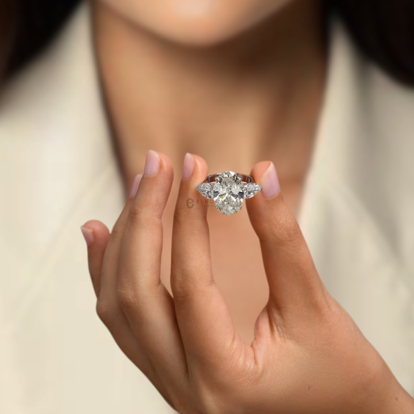14K ,Oval Cut 12 Carat Three Stone Engagement Ring