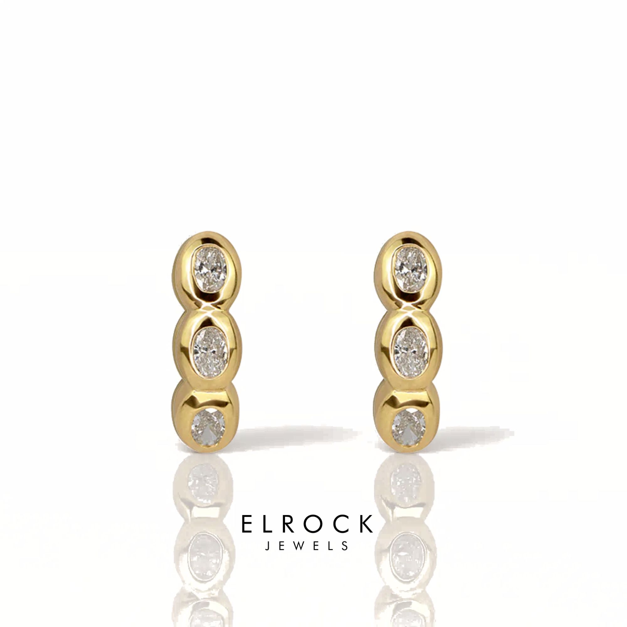 14K Oval Diamond Drop Earrings | 14K Gold Three Diamond Oval drop Earrings