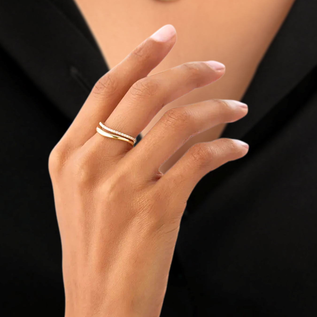 14K Gold Dainty Two Row Half Eternity Curved Stacking Band