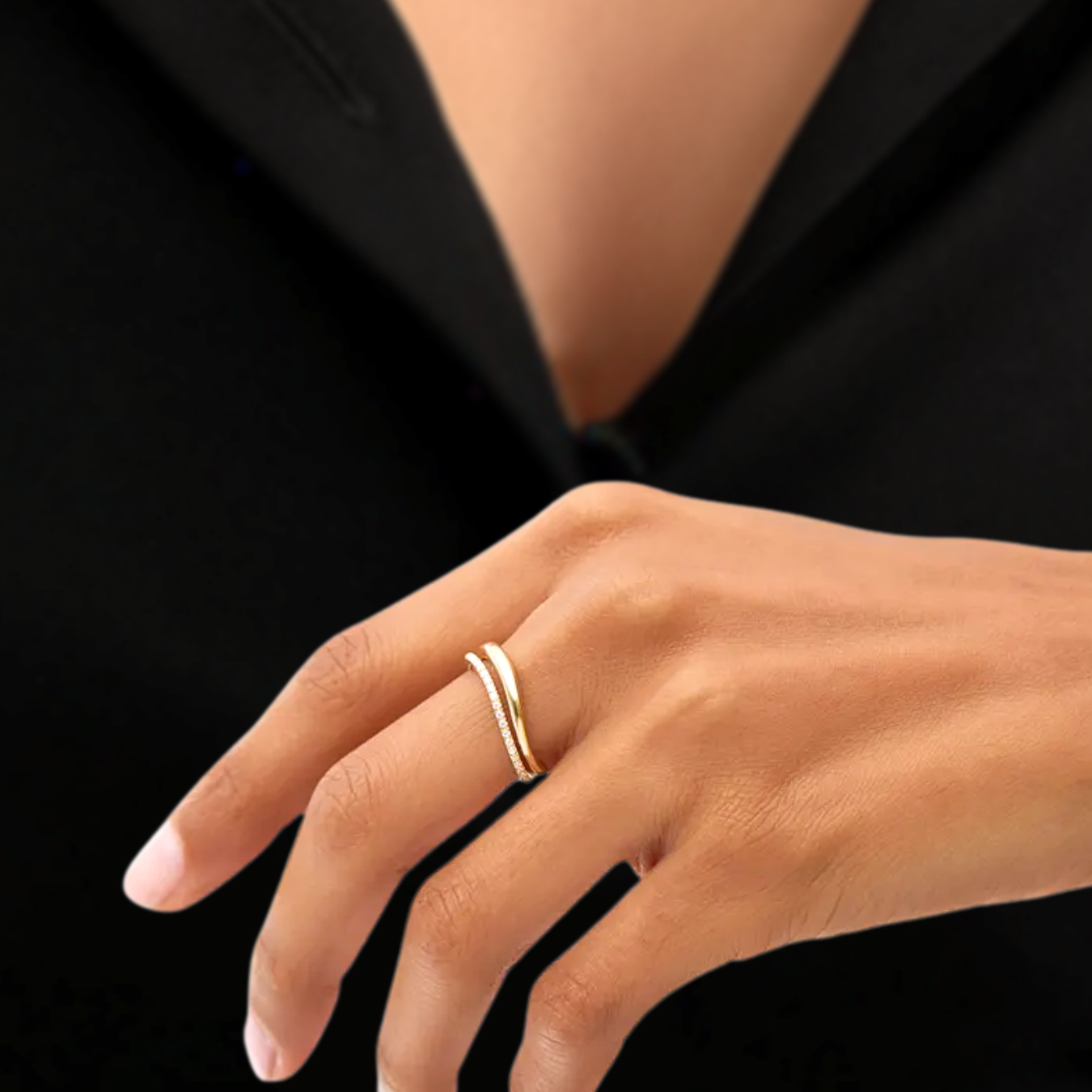 14K Gold Dainty Two Row Half Eternity Curved Stacking Band