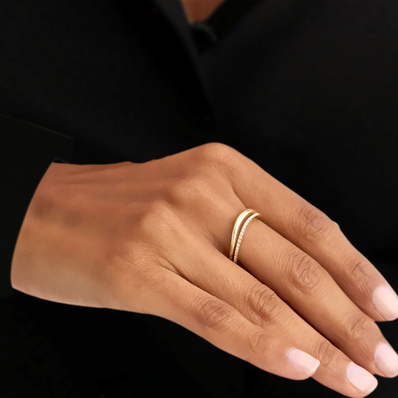 14K Gold Dainty Two Row Half Eternity Curved Stacking Band