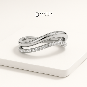 14K Gold Dainty Two Row Half Eternity Curved Stacking Band, Unique Diamond Ring