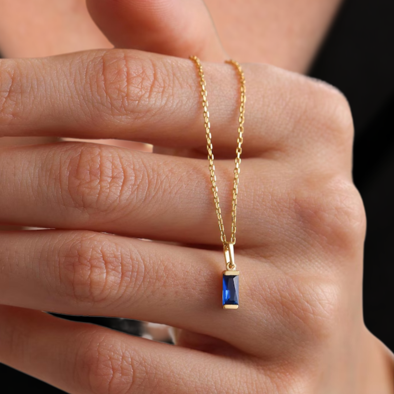 14K Blue Sapphire Pendant Solid Gold Baguette Sapphire Necklace