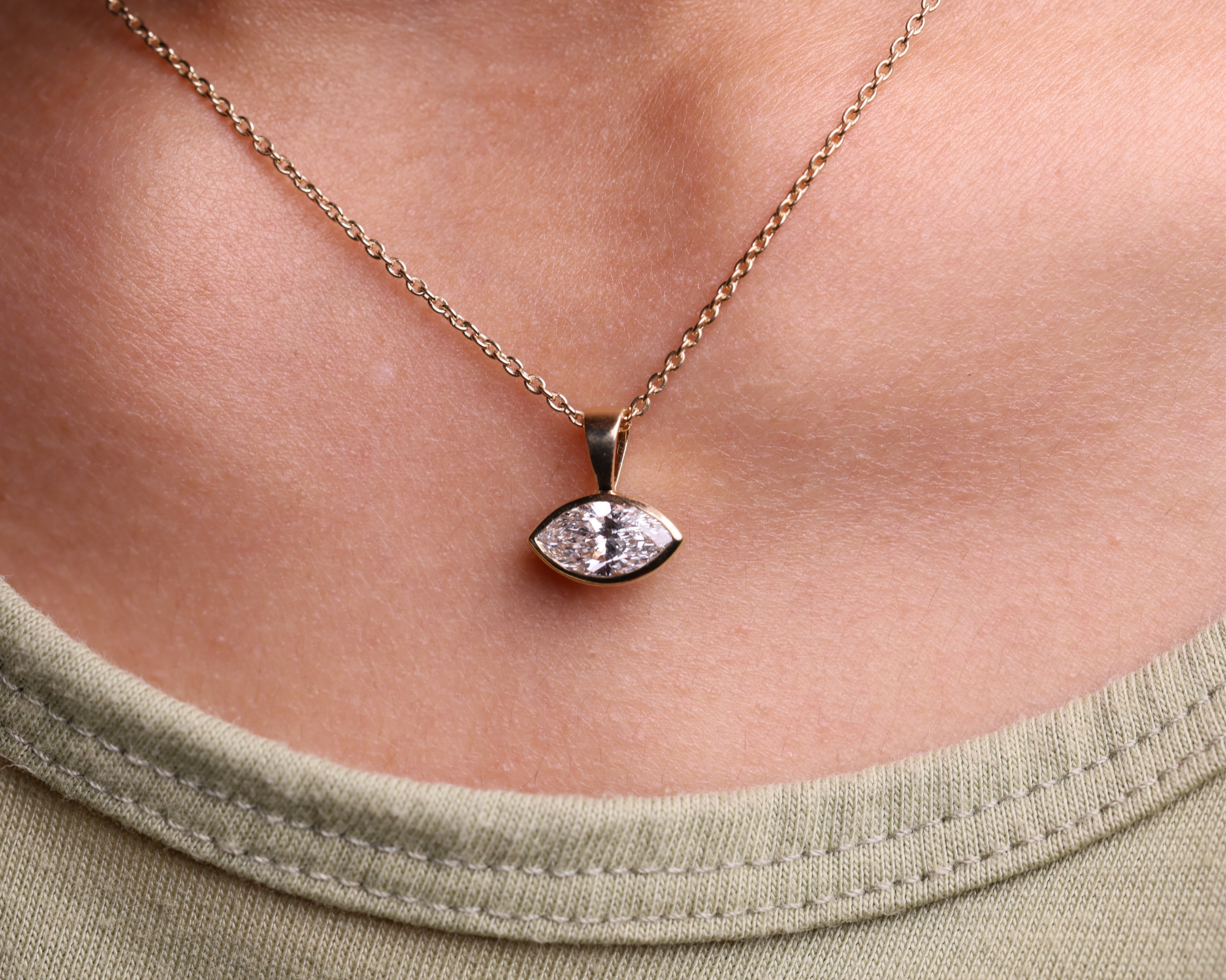 14K Gold East West Solitaire Marquise Cut Lab Grown Diamond Pendant