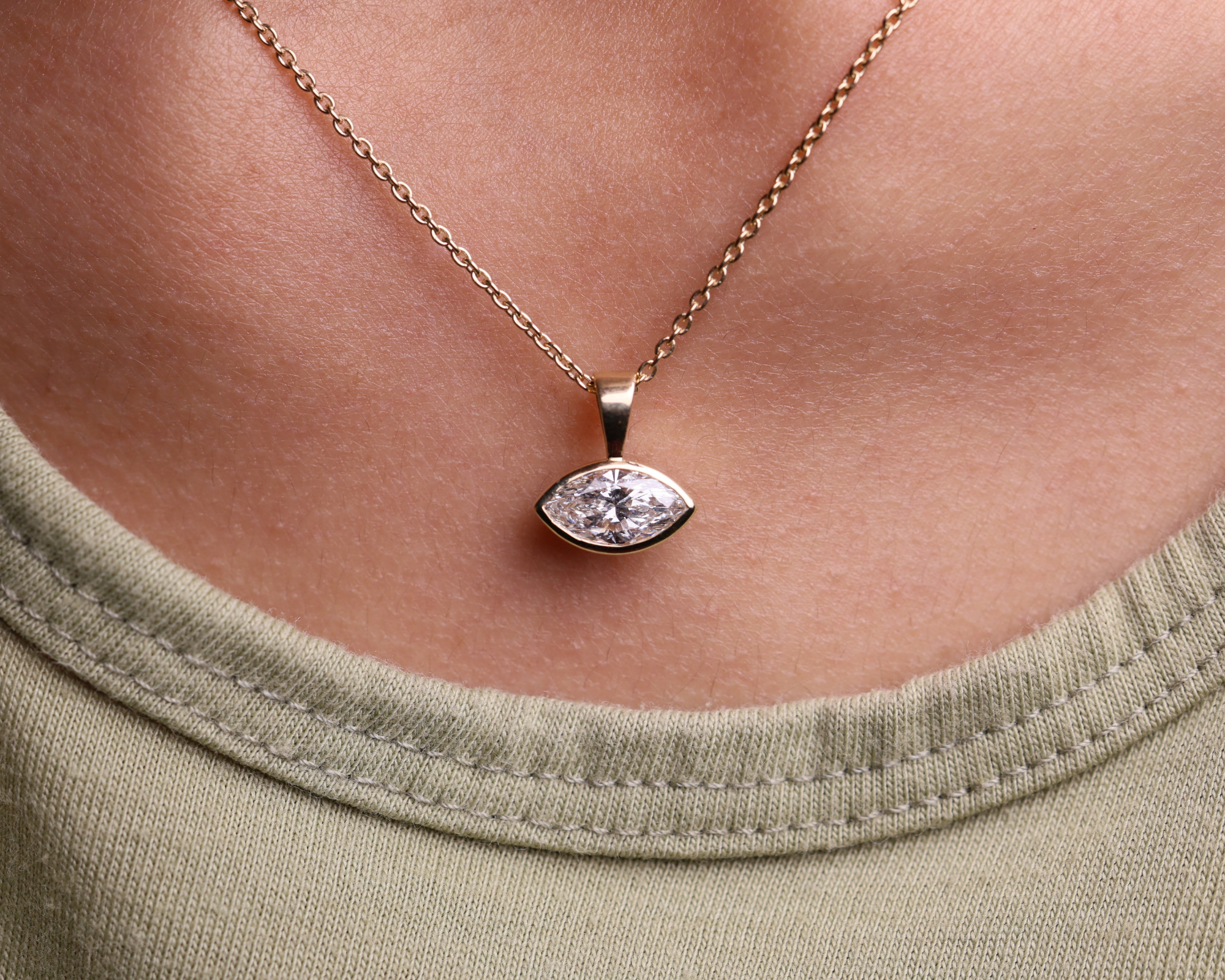 14K Gold East West Solitaire Marquise Cut Lab Grown Diamond Pendant
