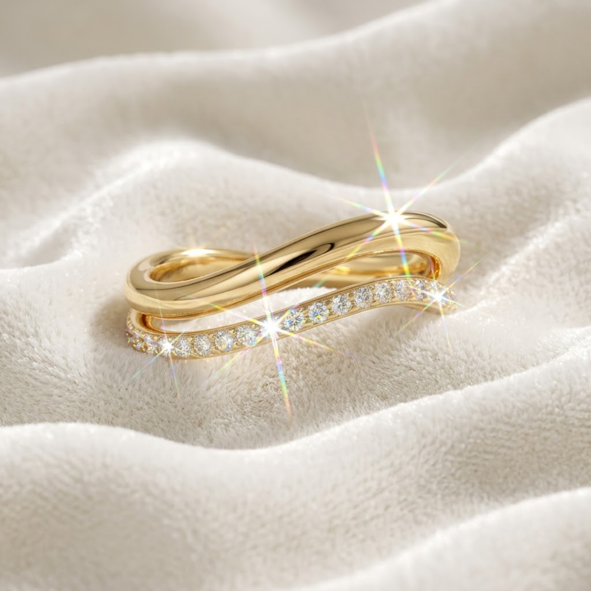 14K Gold Dainty Two Row Half Eternity Curved Stacking Wedding Band