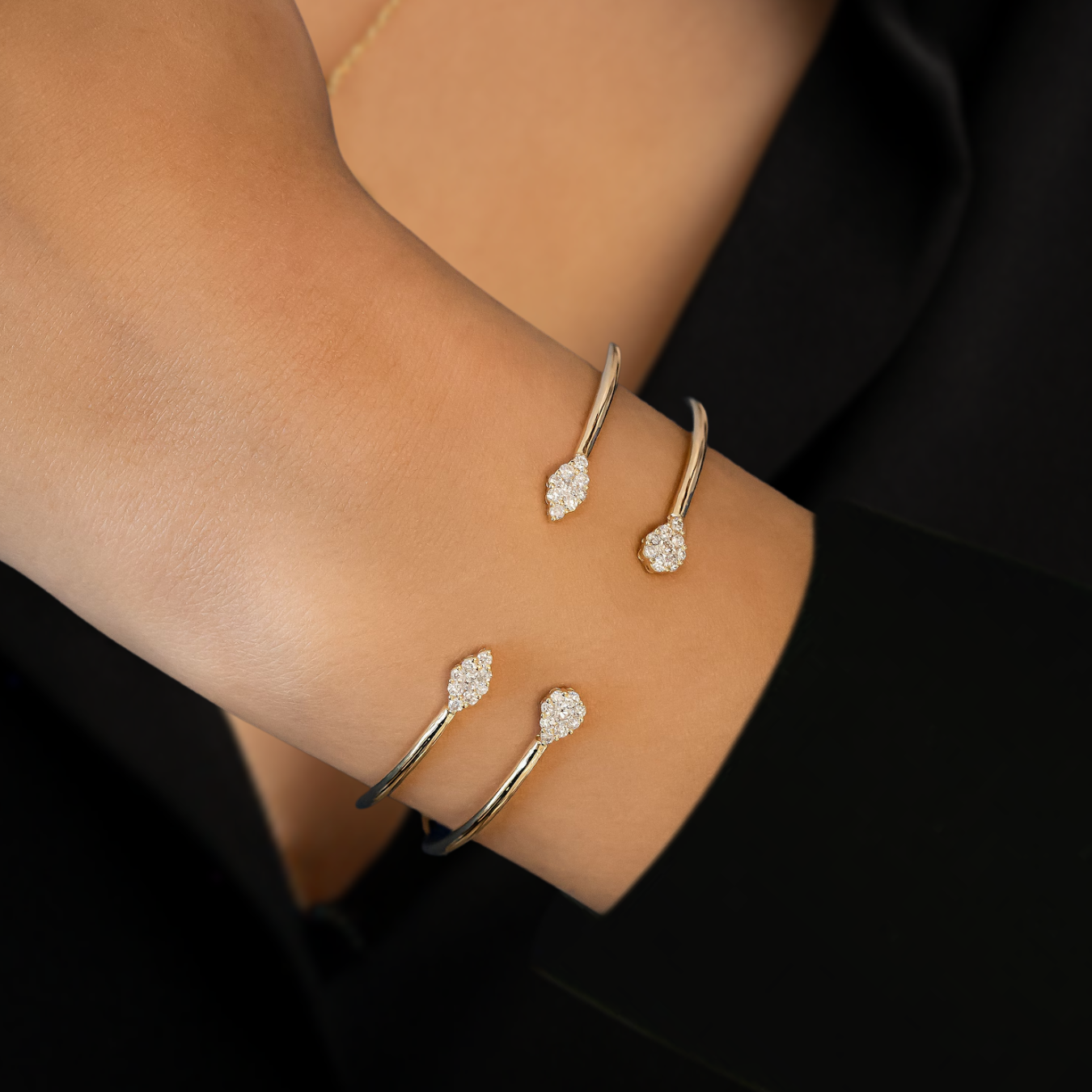 14K Solid Gold Unique Diamond Cuff Bangle Bracelet