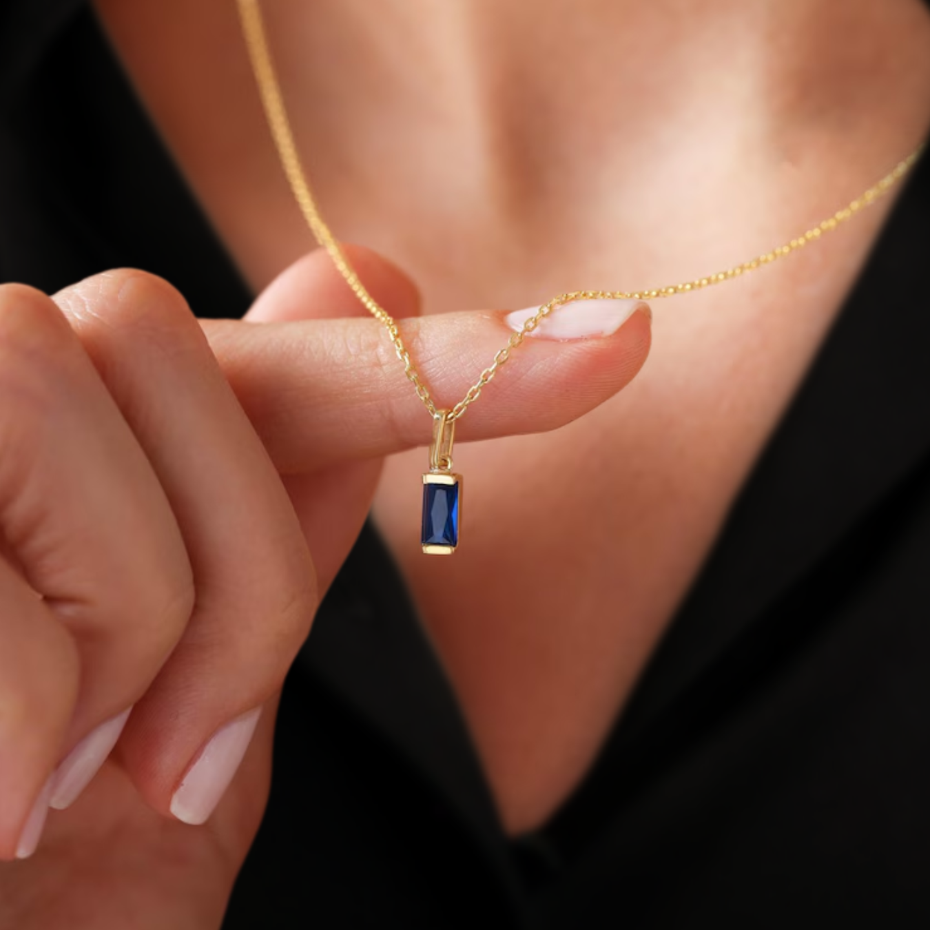 14K Blue Sapphire Pendant Solid Gold Baguette Sapphire Necklace