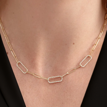 14k Gold Diamond Link Layering Necklace, Gold Paperclip Chain Necklace