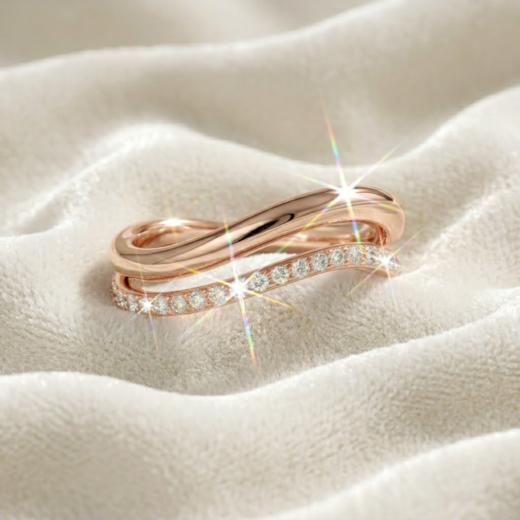 14K Gold Dainty Two Row Half Eternity Curved Stacking Wedding Band