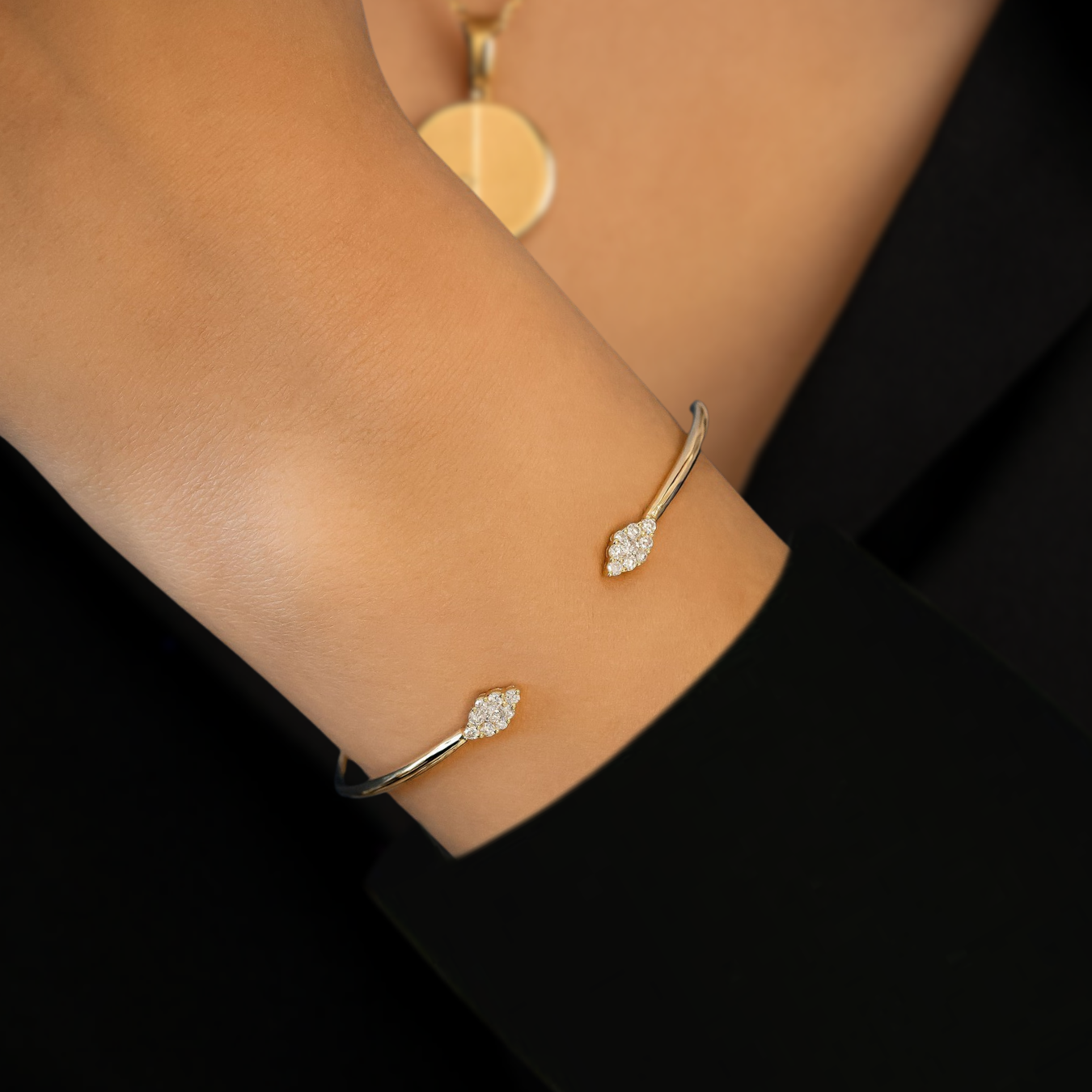 14K Solid Gold Unique Diamond Cuff Bangle Bracelet