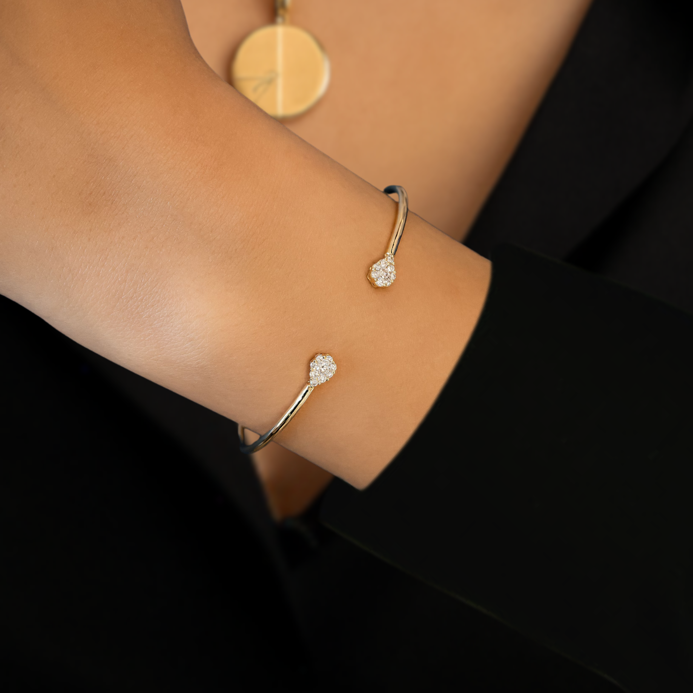 14K Solid Gold Unique Diamond Cuff Bangle Bracelet