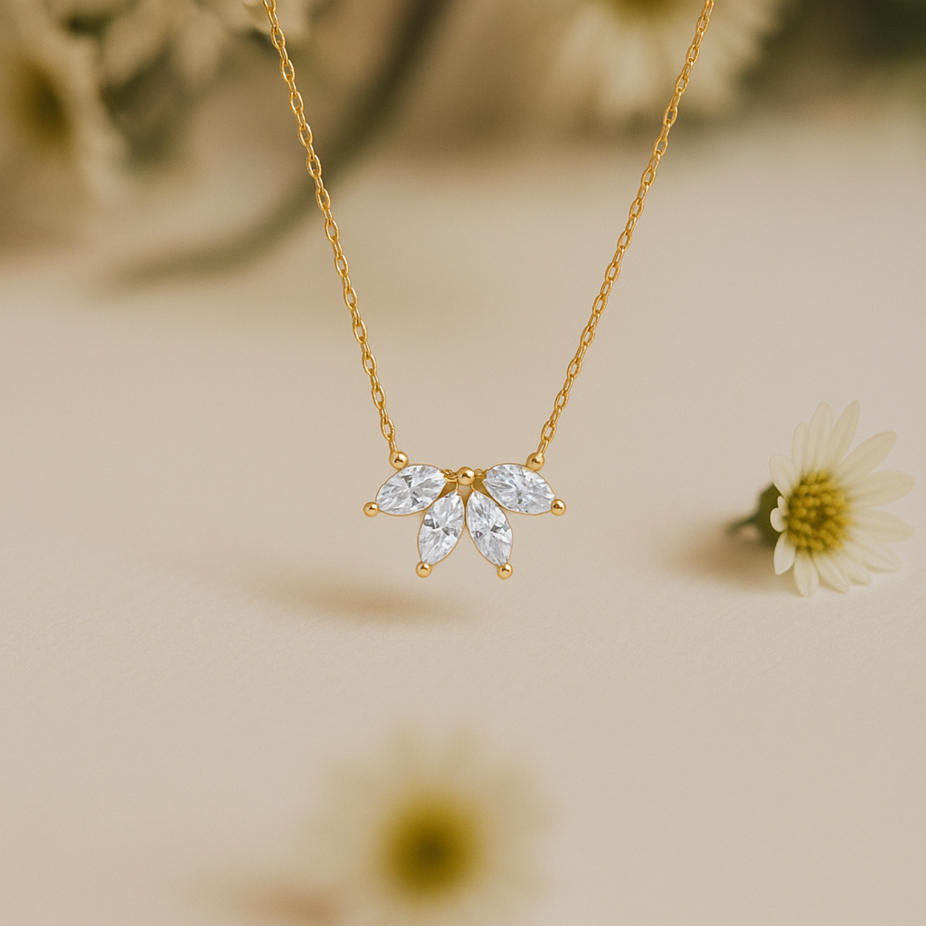 14K Marquise Diamond Necklace • Flower Petal Diamond Necklace • Birthstone Necklace,14k solid gold
