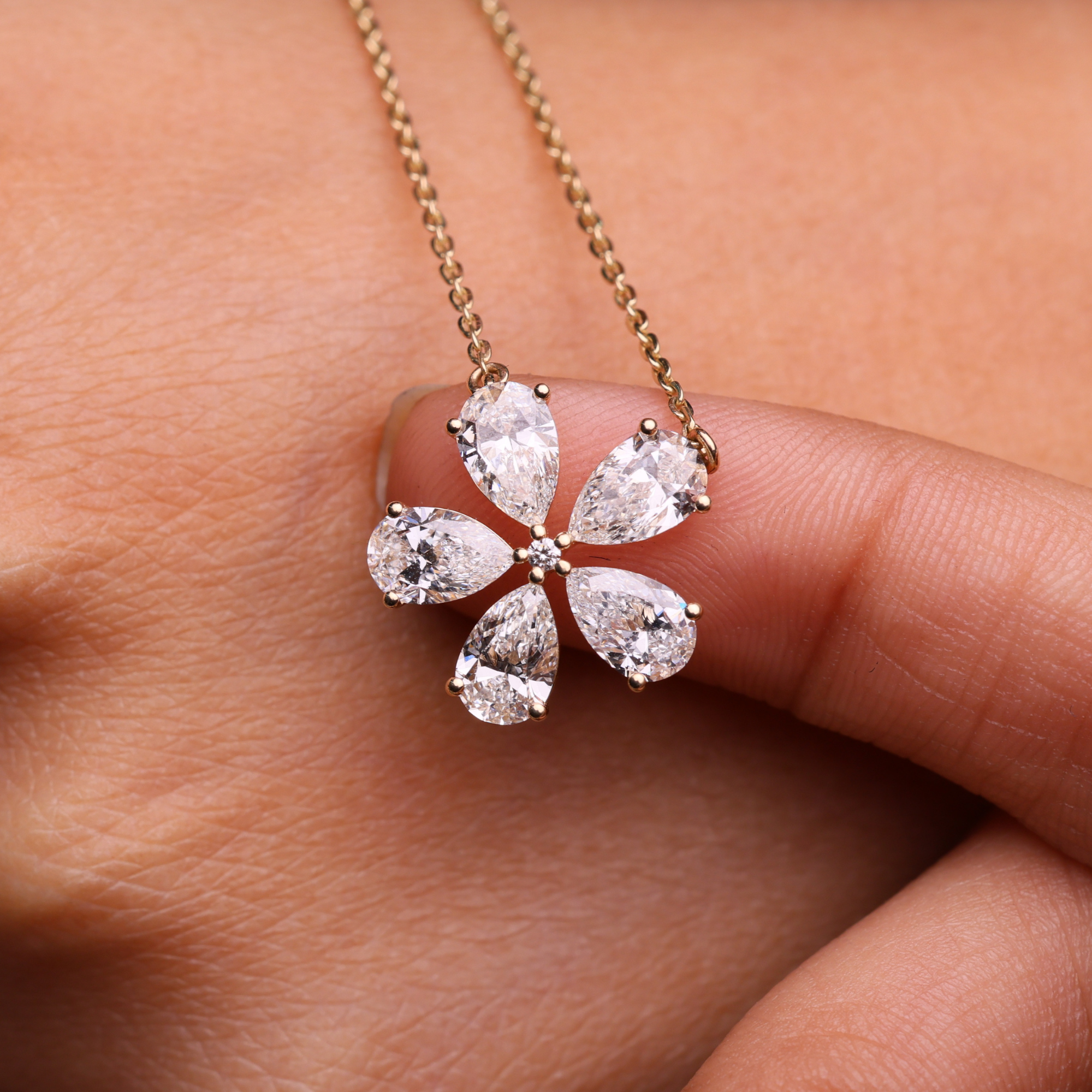 14K Gold Pear Shape Lab Grown Diamond Flower Shape Pendant