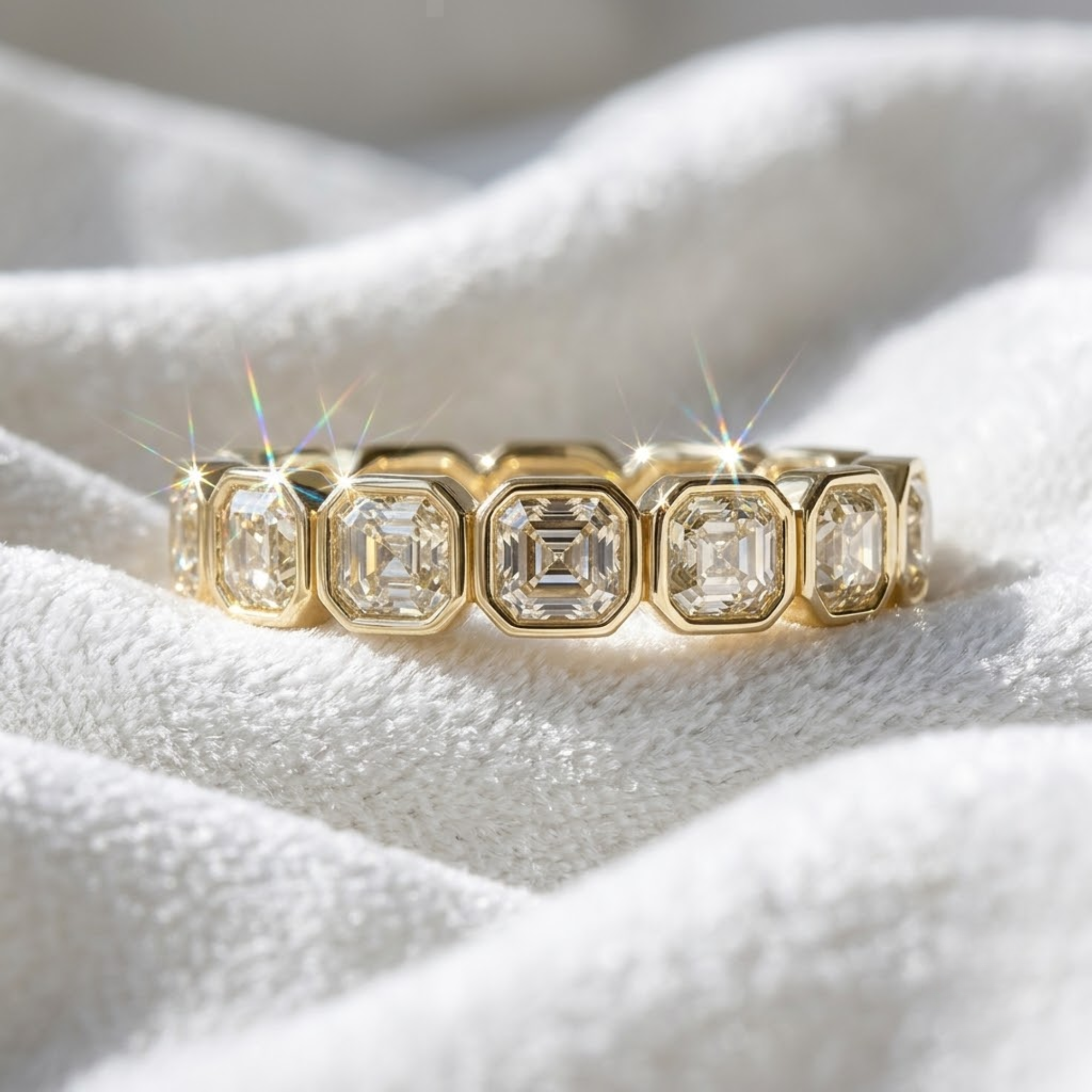 14K Gold Bezel Set Asscher Cut Lab Grown Wedding Band for Women